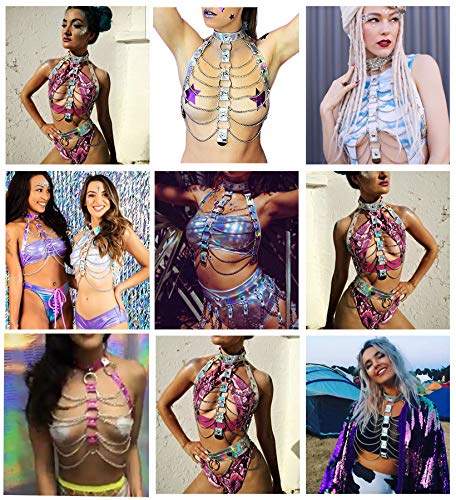 Holographic Rave Body Harness - Cage Bra, Choker & Chain Belt Set with Pasties for Music Festivals, Clubwear & Roleplay - Perfect for EDM Parties, Cosplay & Nightlife Outfits