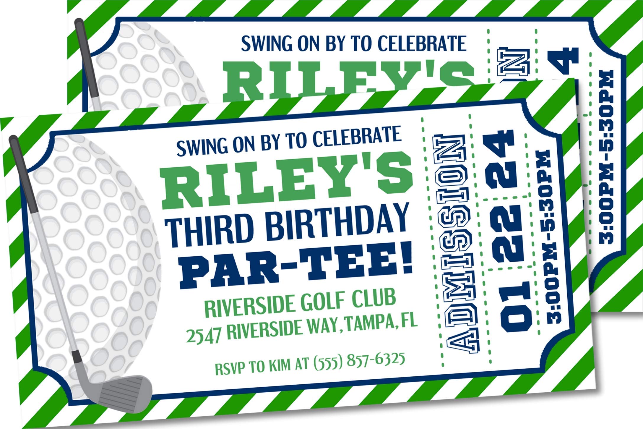 Golf Birthday Invitation Cards with Envelopes - Green & Blue Ticket Style Golf Party Supplies for Men's 50th Birthday, Retirement Celebration & Golf Tournament Events