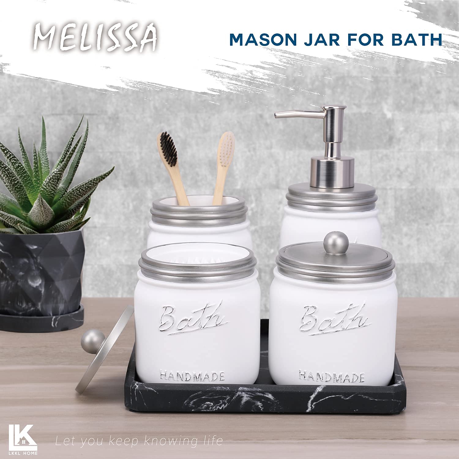 5PCS Mason Jar Bathroom Accessories Set - Toothbrush Holder, Soap Dispenser, Vanity Tray & Cotton Swab Organizer - Rustic Farmhouse Bathroom Decor (Silver/White) for Spa-Like Vanity Organization