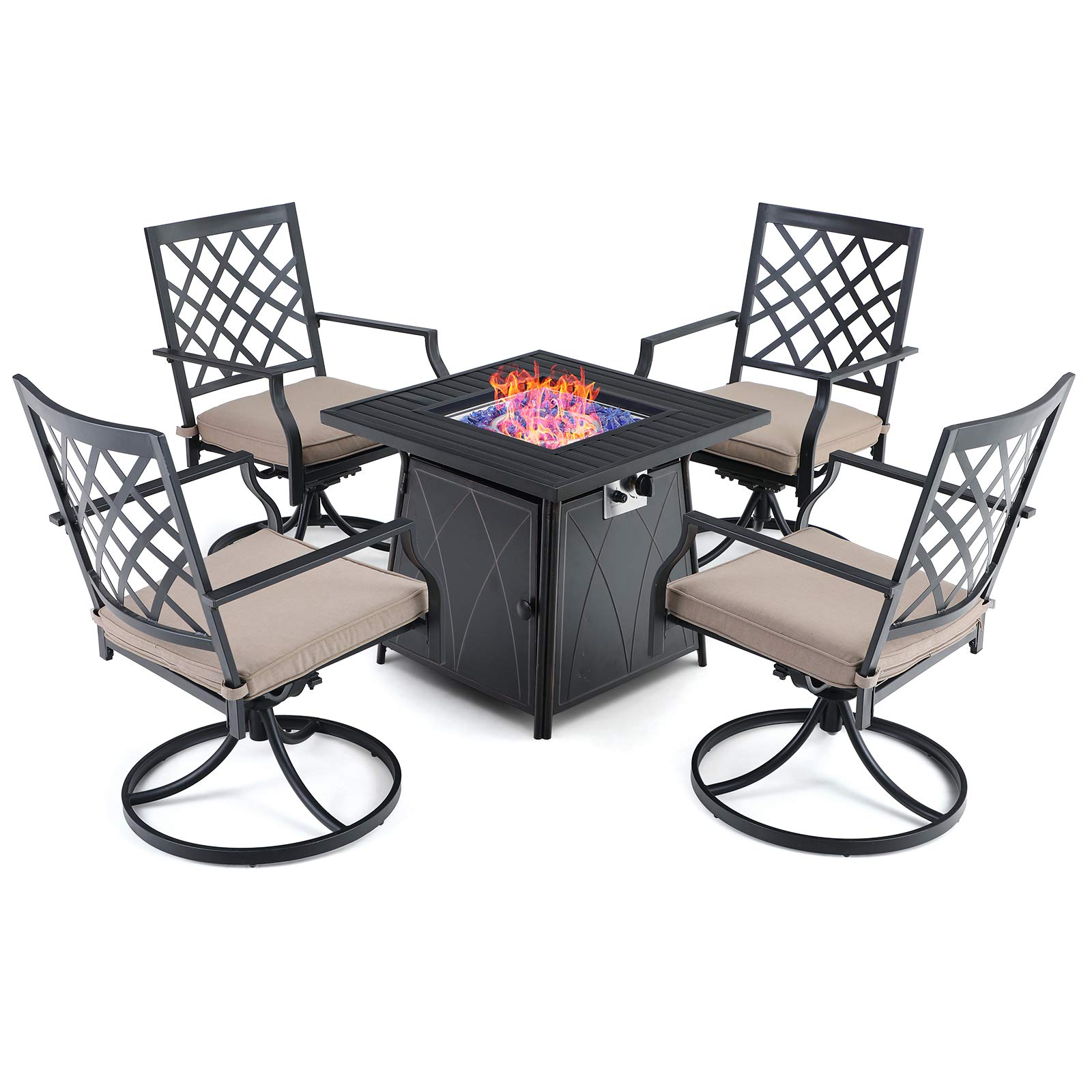 MFSTUDIO 5-Piece Outdoor Patio Furniture Set with Propane Fire Pit - 4 Swivel Armchairs & 28