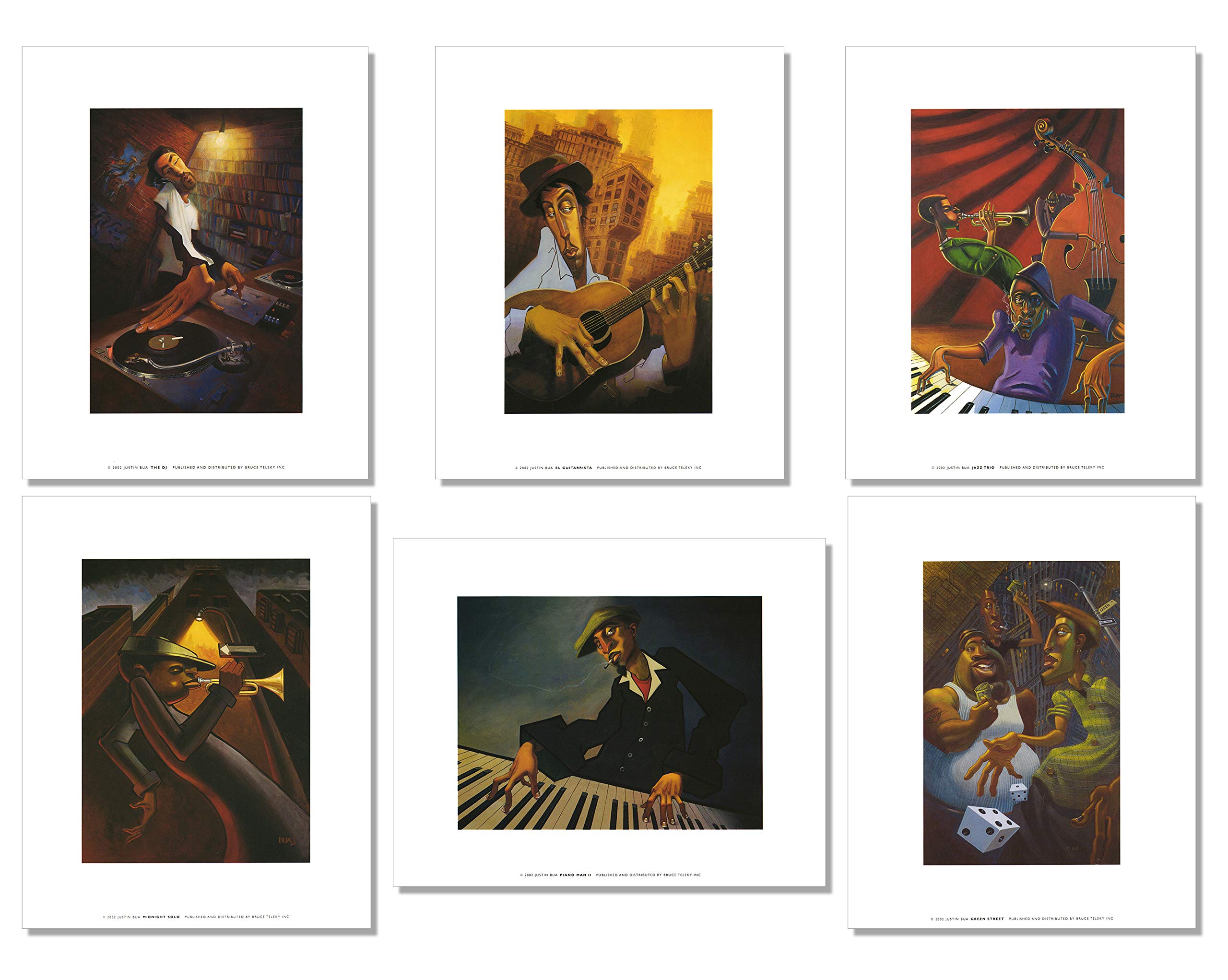 Justin Bua Set of 6 Art Prints 8x10 inches - Jazz Trio, The DJ, Midnight Solo, El Guitarrista, Piano Man II & Green Street | Wall Decor for Living Room, Bedroom, Office & Music Studio | Famous Urban Art Collection