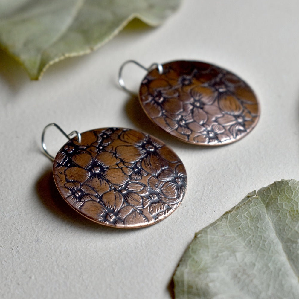 Floral Field Large Copper Disc Drop Earrings for Women - Boho Chic Handmade Jewelry for Parties, Weddings & Everyday Wear
