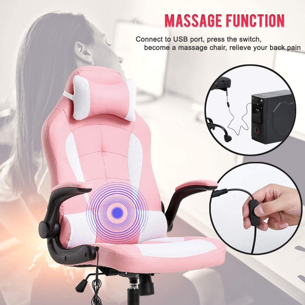 Ergonomic Gaming Chair with Lumbar Support & Massage Function - Adjustable Racing Office Chair with Flip-Up Arms & Headrest - Heavy Duty Pink Computer Desk Chair for Home & Gaming Setup
