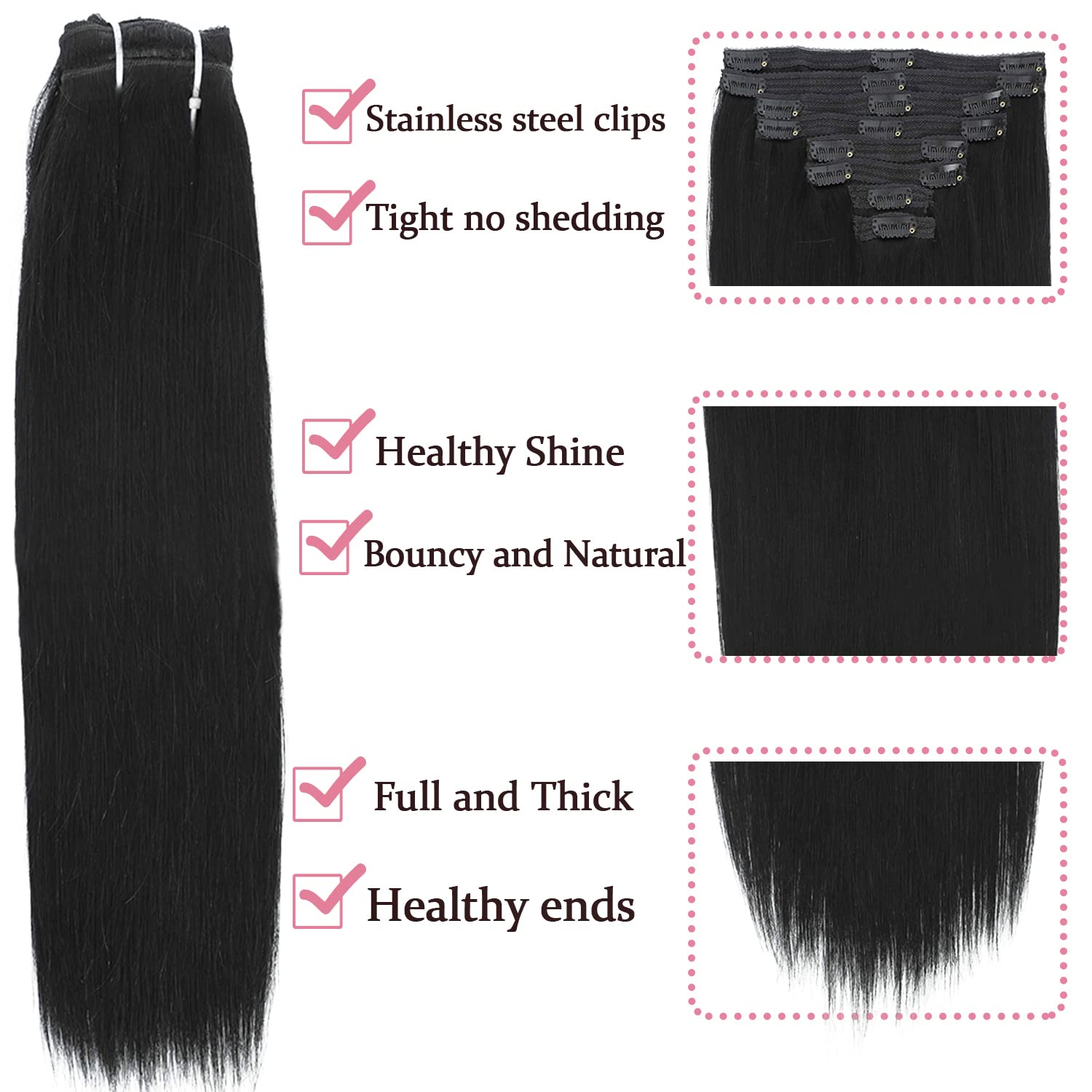 Jet Black Clip in Human Hair Extensions 20 Inch - 8pcs 120g Silky Straight Natural Hair - Real Human Hair for Styling & Volume - Perfect for Parties, Weddings & Daily Wear (#1)