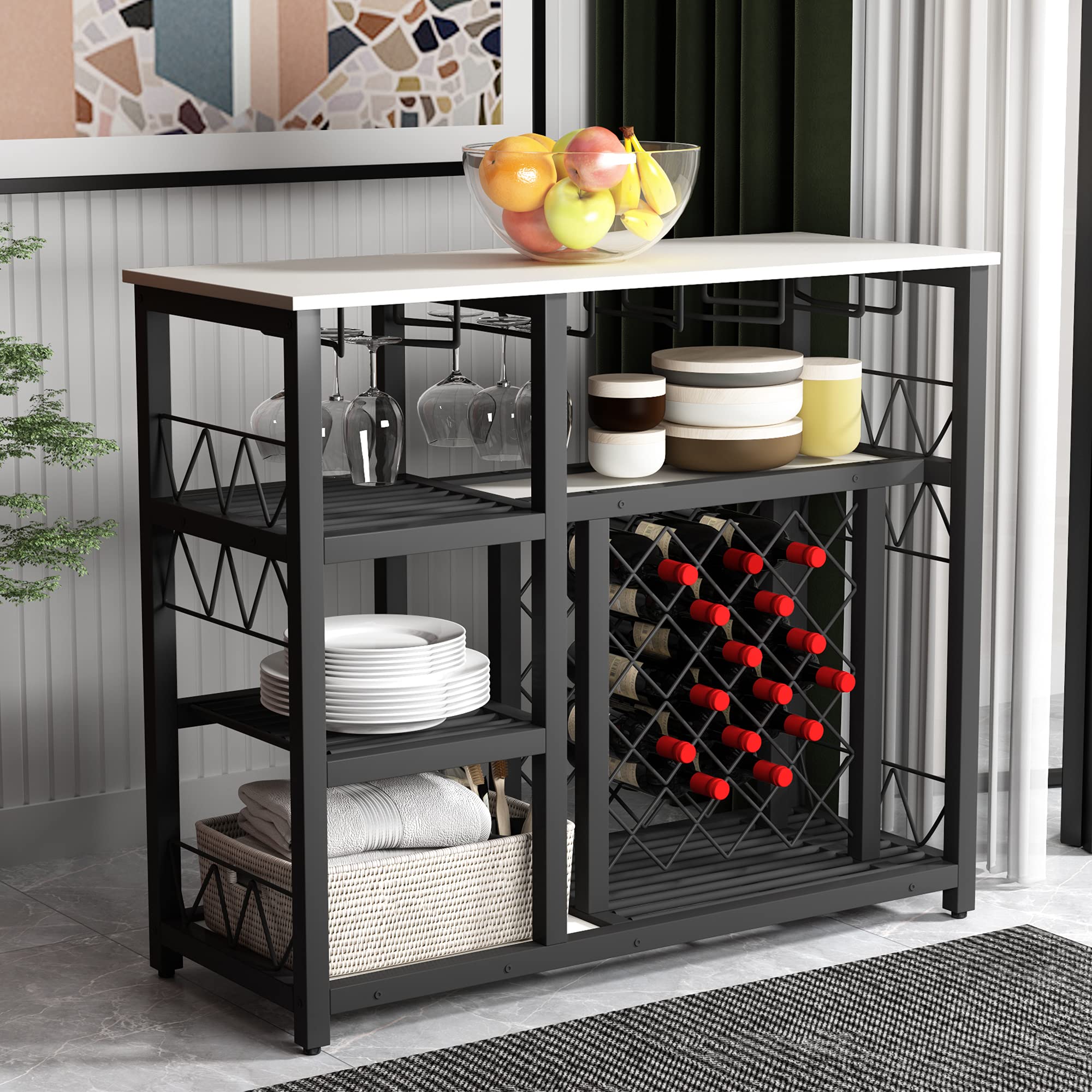 Modern Industrial Wine Rack Table with Glass Shelf - Freestanding Wine Cabinet & Buffet Console Table for Kitchen & Dining Room - Holds 21 Bottles (White) | Perfect for Home Bar, Entertaining & Wine Storage Organization