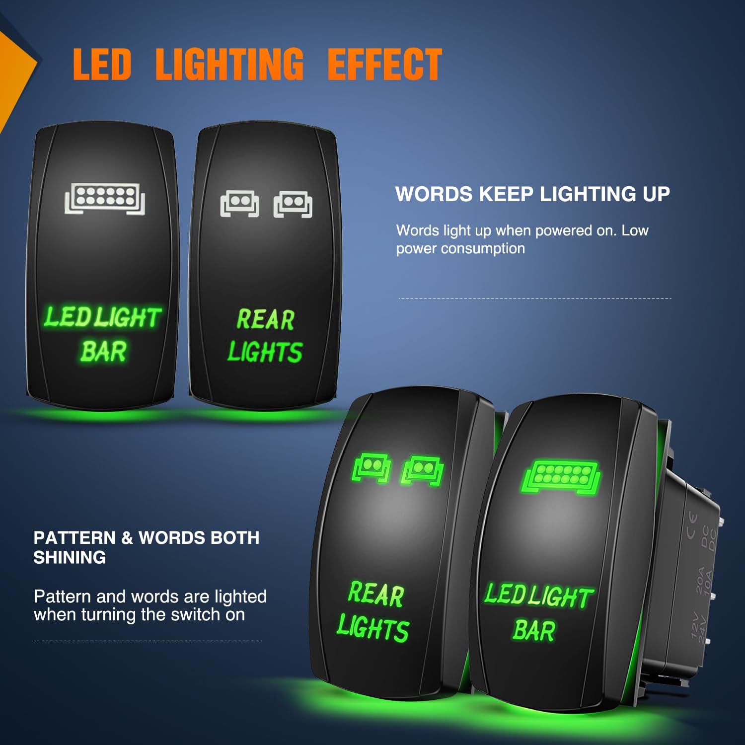 2Pcs 5-Pin Laser On/Off LED Light Bar Rocker Switch with Green Illumination - Perfect for Off-Road Vehicles, ATVs, Boats & Marine Applications