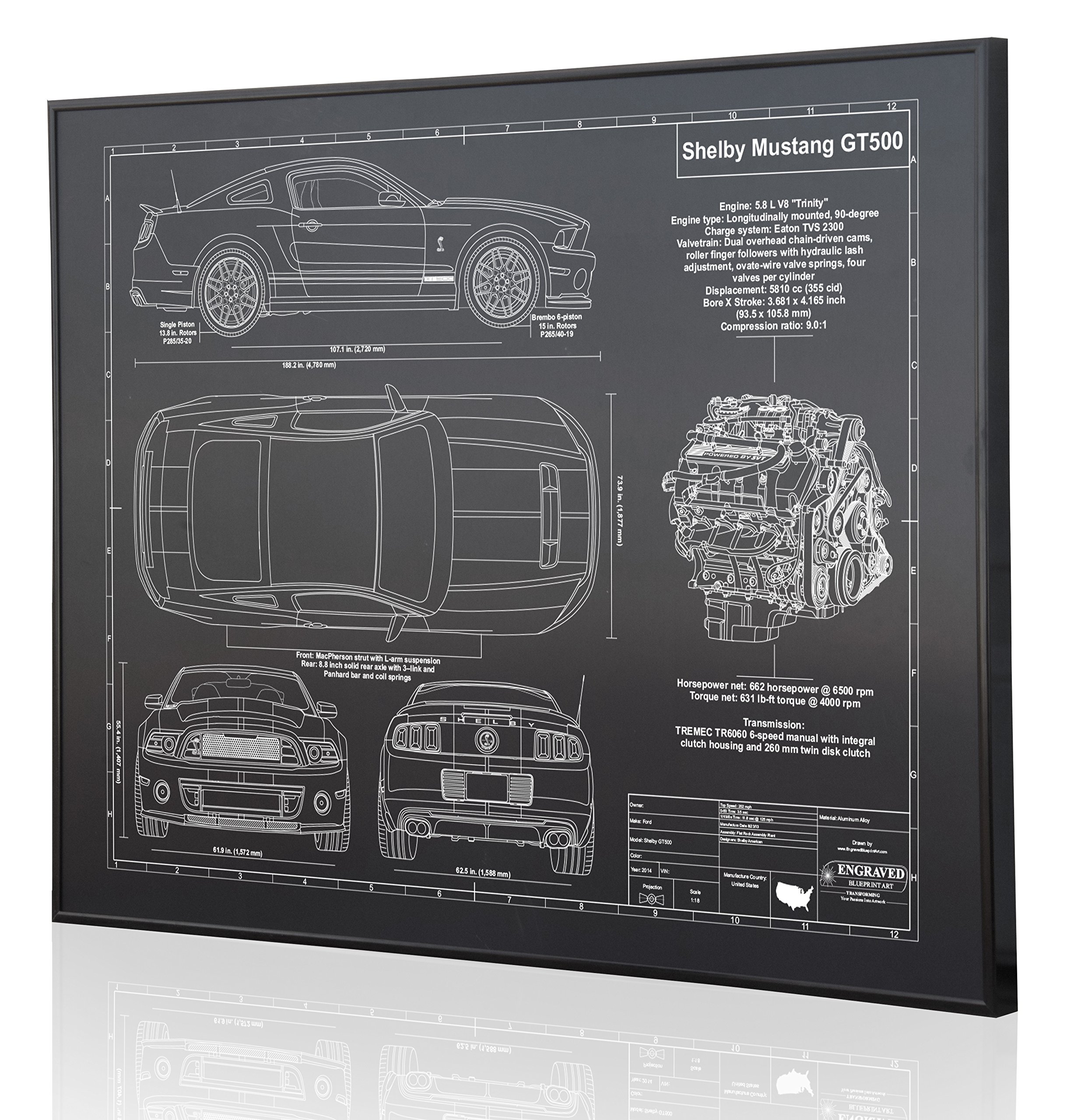 2014 Shelby Mustang GT500 Blueprint Artwork - Laser Engraved & Personalized - Unique Ford Car Enthusiast Gift for Home, Office, or Man Cave Decor