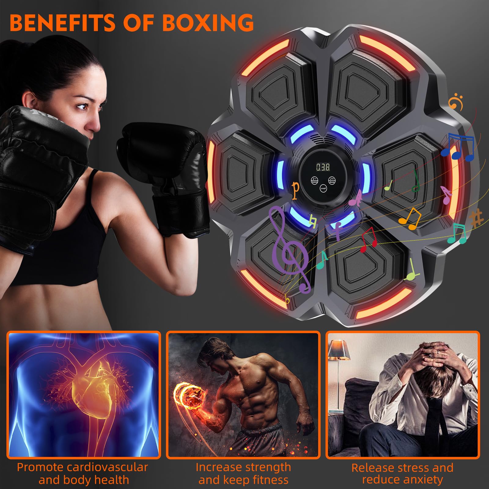 Snawowo Bluetooth Music Punching Bag for Adults - LED Boxing Training Equipment with Gloves, 9 Modes & 9 Speeds, Wall Mounted Home Gym Workout Machine for Indoor Fitness & Stress Relief | Perfect for Home Gym, Boxing Training, Cardio Exercise & Stress Management