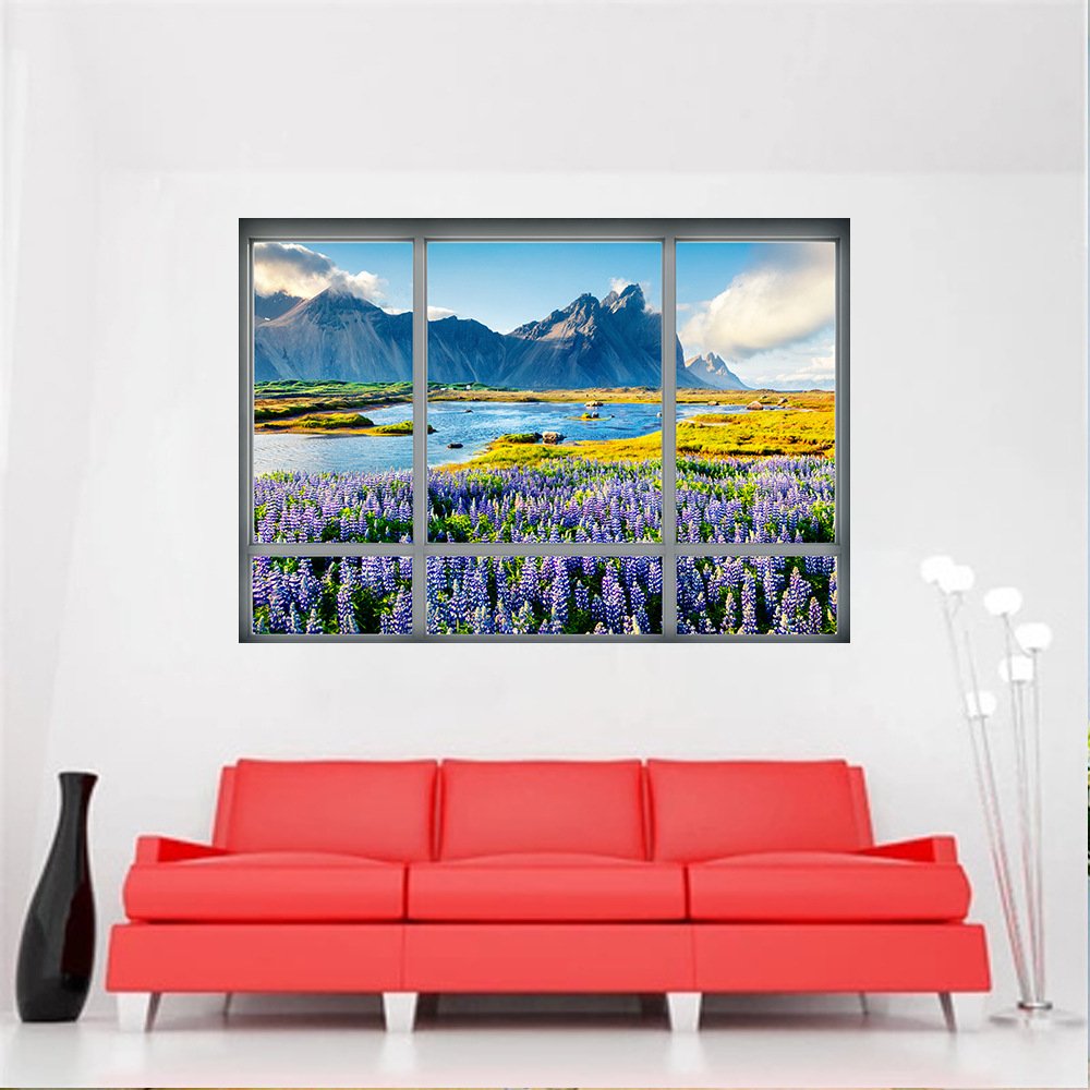 DNVEN 28x20 Inch 3D Fake Window Decal - Lavender Fields Mountain View HD Vinyl Wall Sticker for Bedroom, Living Room & Playroom | Home Decor, Office & Nursery Wall Art