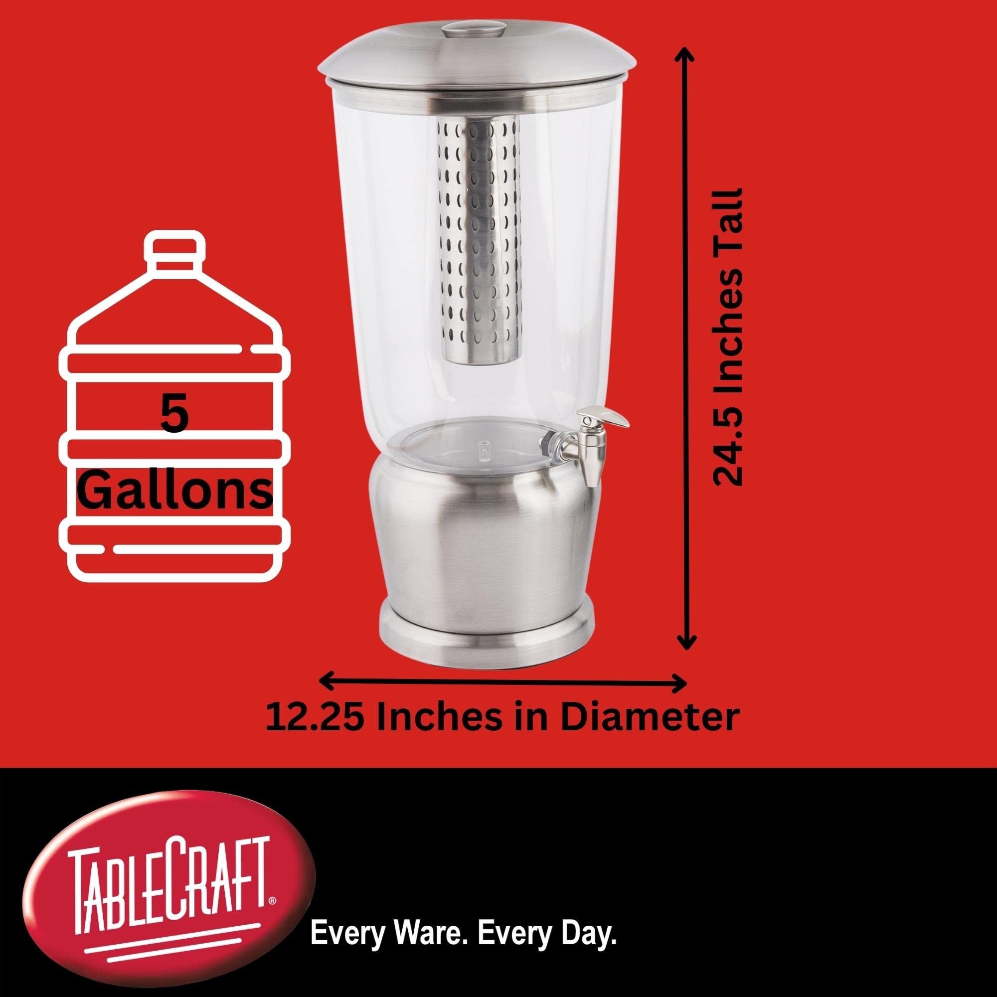 TableCraft 85 Large 5 Gallon BPA-Free Tritan Drink Dispenser with Fruit Infuser & Stainless Steel Stand - Perfect for Catering, Buffets, Home Parties, and Outdoor Events - Ideal for Lemonade, Iced Tea, and Cold Beverages