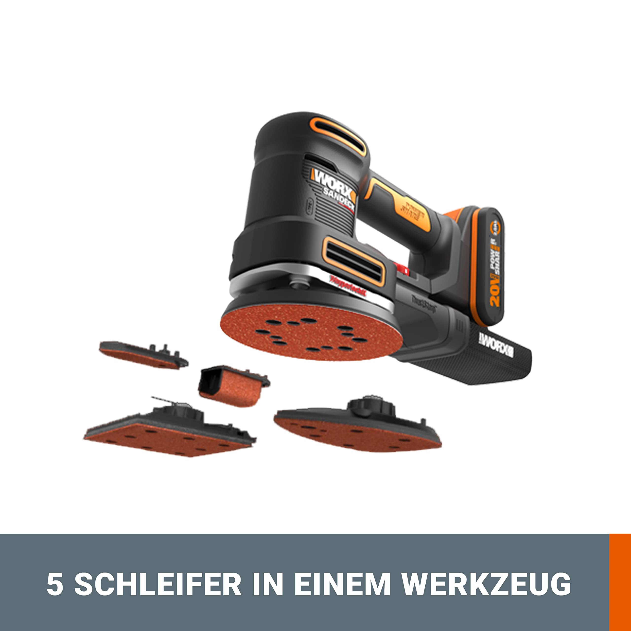 WORX WX820.9 Cordless Multi Sander - 5-in-1 Functions: Orbital, Fine, Detail, Contour & Finger Sanding - Variable Speed - PowerShare Compatible - Battery & Charger Not Included, Black - Perfect for Woodworking, DIY Projects & Home Renovation