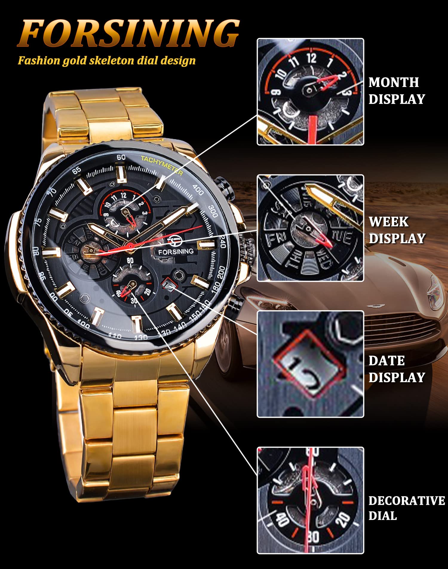 FORSINING Men's Automatic Self-Winding Luxury Stainless Steel Watch with Date, Month, Day, Stopwatch & Tachymeter - Large Dial Mechanical Wristwatch for Business, Formal Events & Daily Wear