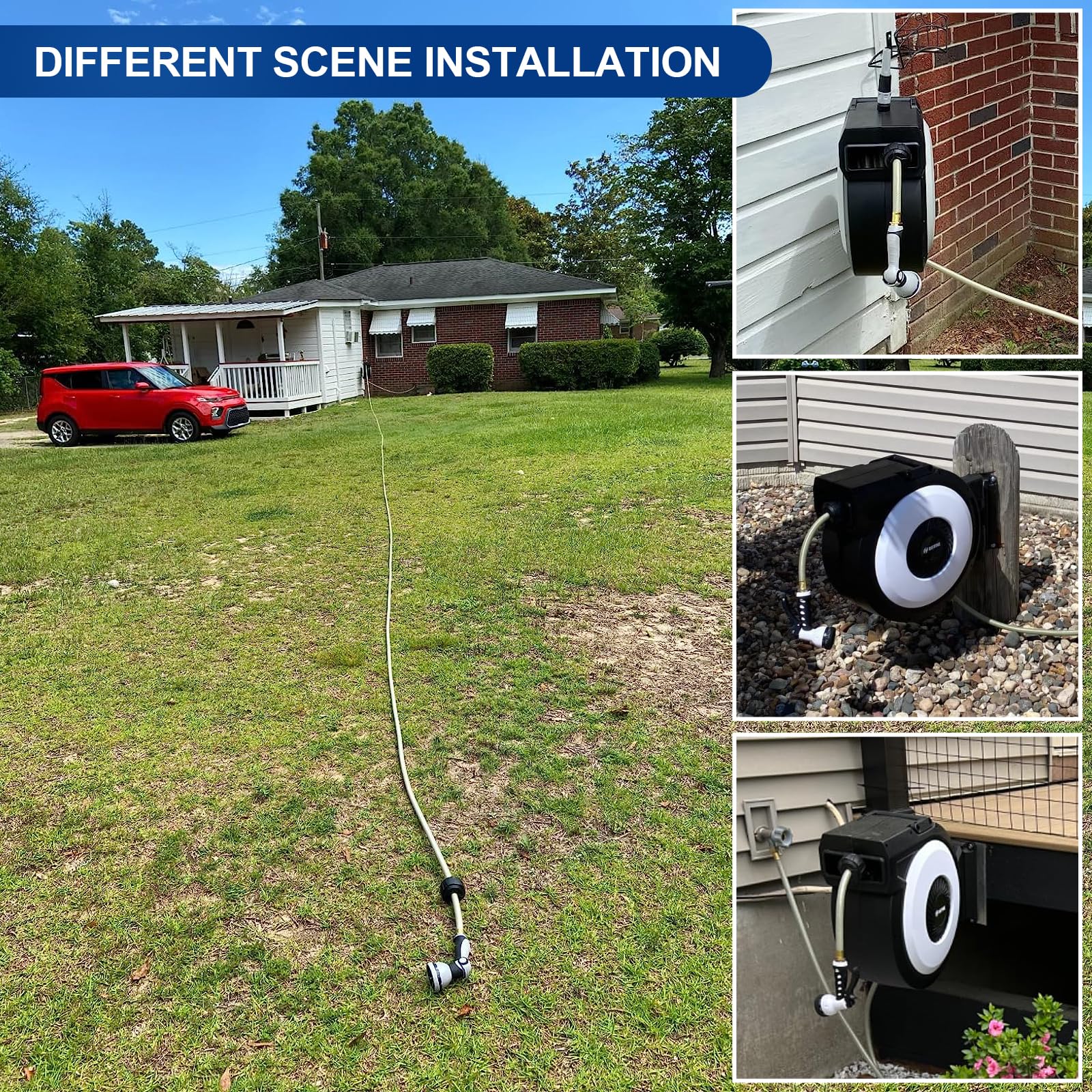 BSTOKCAM 100 ft Retractable Garden Hose Reel - 1/2 Inch Heavy Duty Automatic Rewind Hose Storage with Nozzle - Perfect for Lawn Care, Car Washing & Outdoor Watering