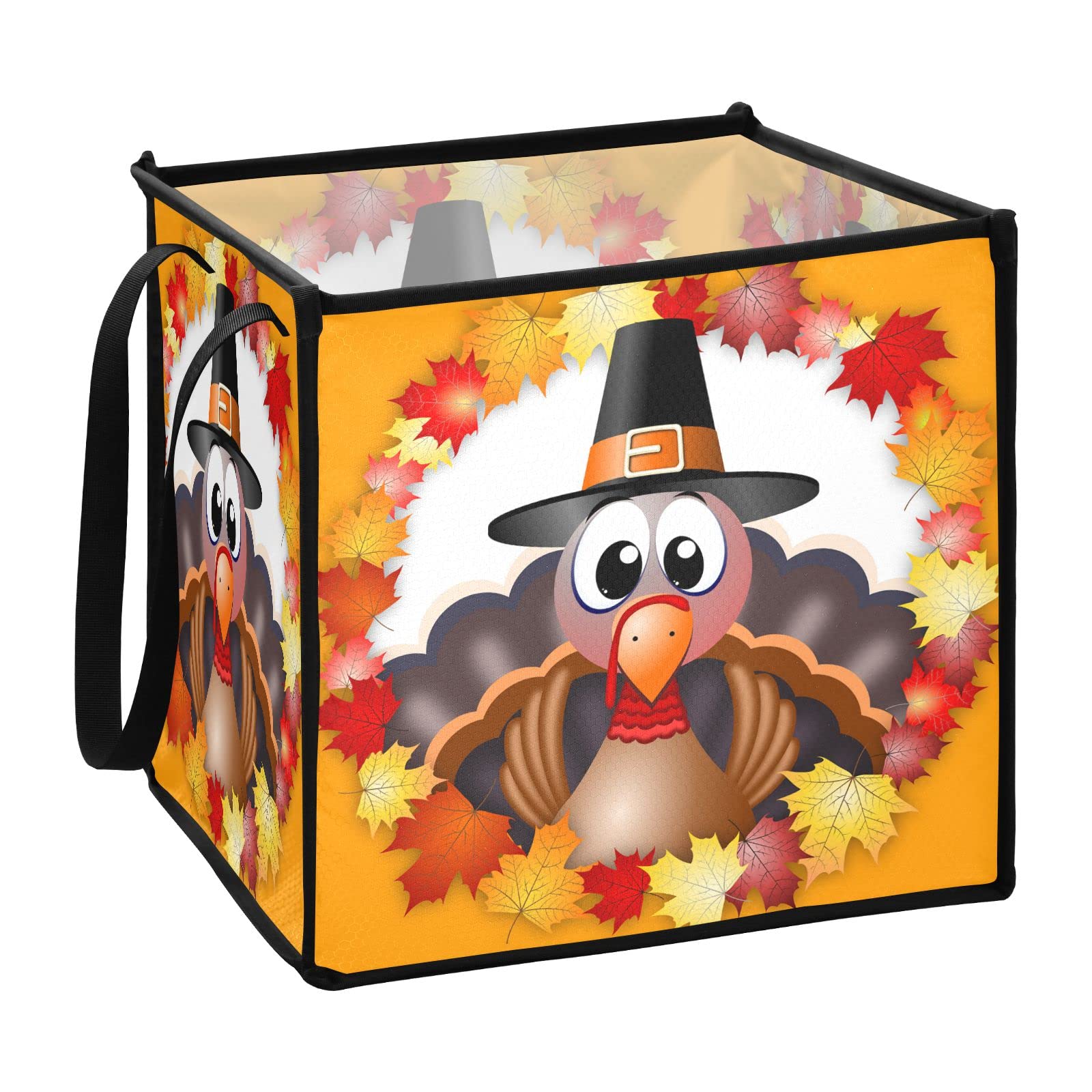 Collapsible Fabric Storage Bins with Handles - 13x13x13 Inch Orange Square Organizer for Toys, Nursery, Shelves & Closet - Thanksgiving Turkey & Fall Leaves Design | Perfect for Home Organization, Seasonal Decor & Holiday Storage