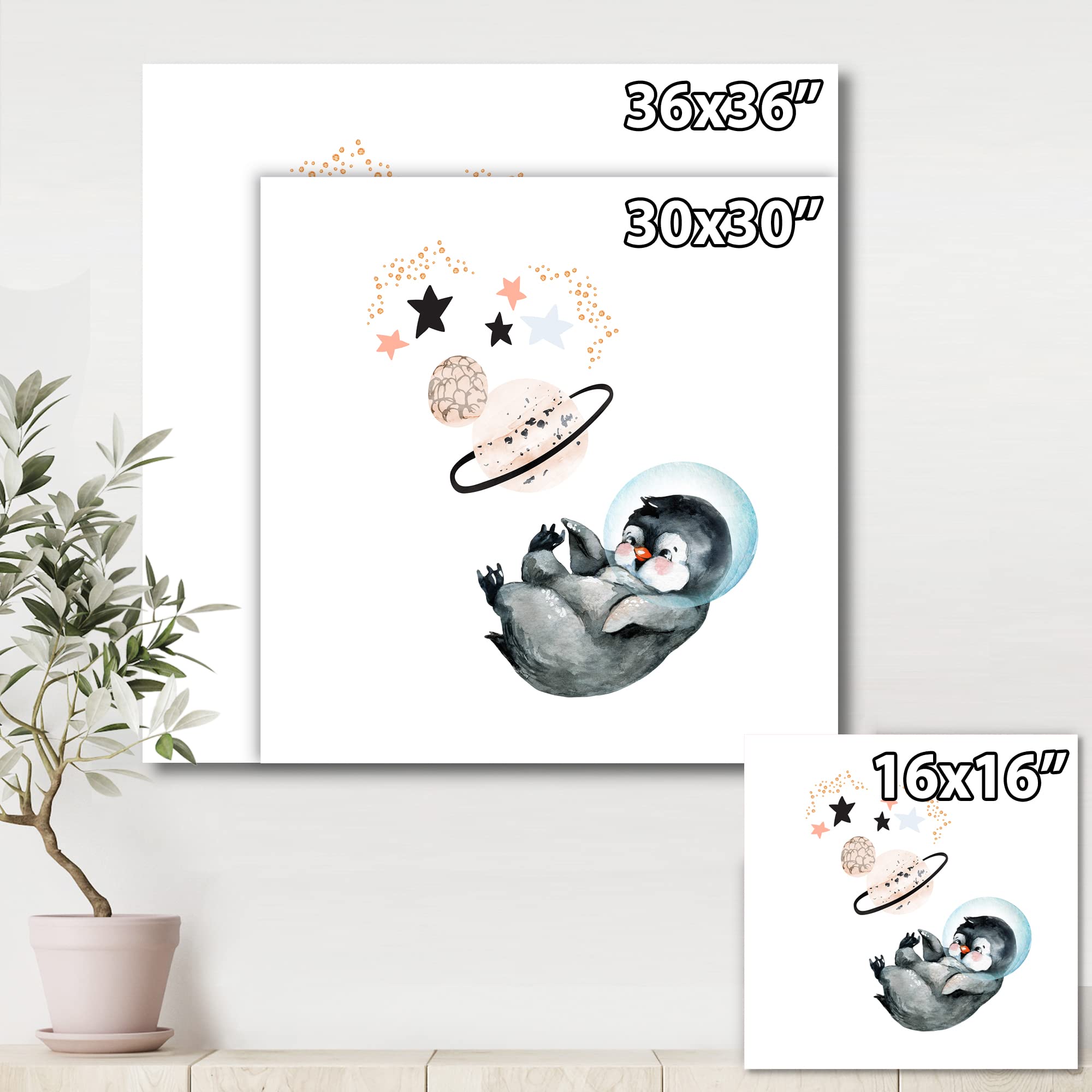 DesignQ Little Penguin with Stars and Planets - Farmhouse Style Canvas Wall Art Decor for Nursery, Kids Room & Living Room