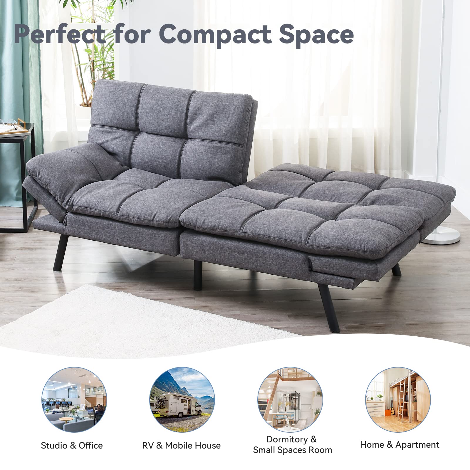 Hcore Convertible Futon Sofa Bed with Memory Foam - Modern Splitback Loveseat Sleeper for Living Room, Office & Apartment - Classic Grey Polyester Fabric | Perfect for Small Spaces, Guest Rooms & Studio Apartments