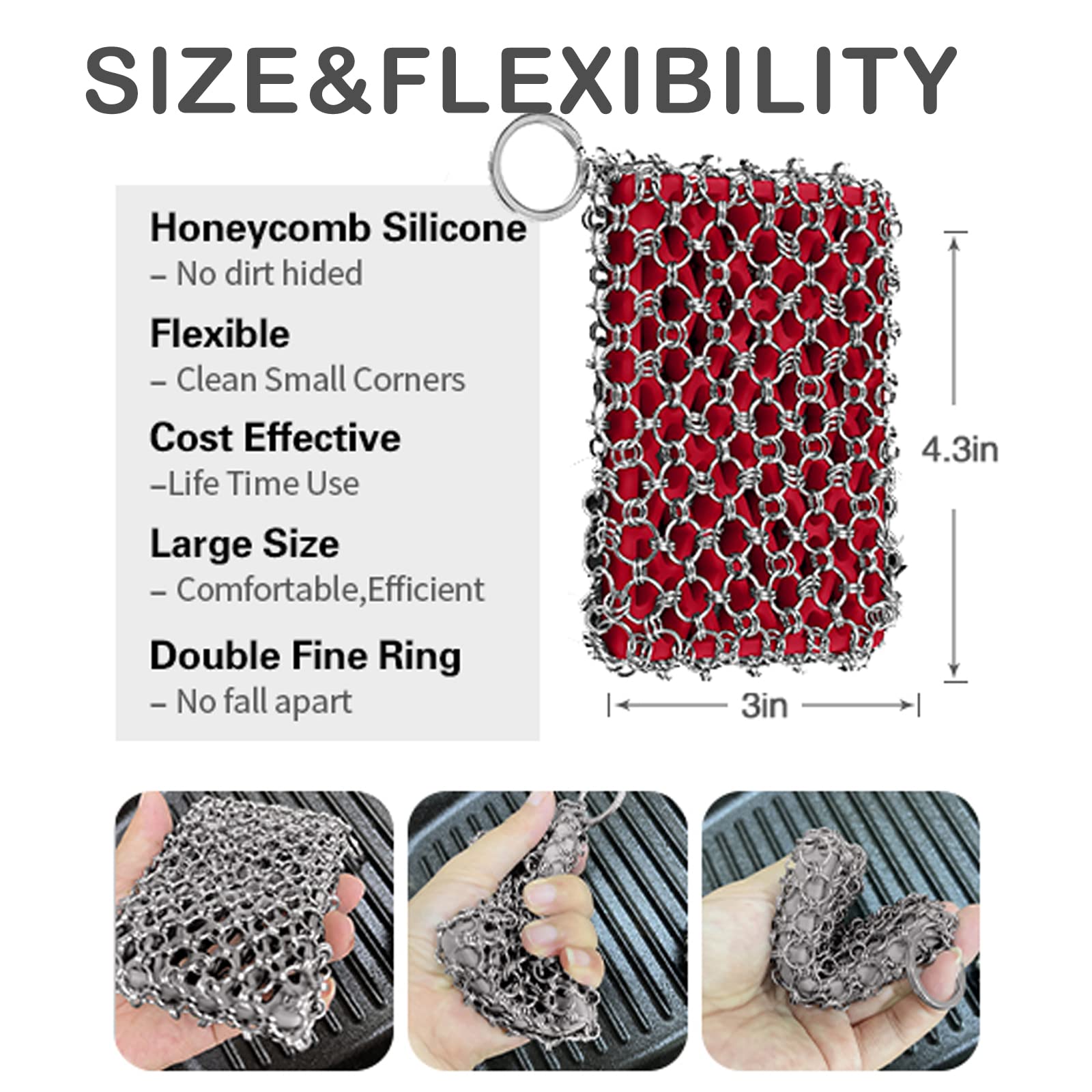 **Herda 316L Stainless Steel Chainmail Scrubber for Cast Iron Skillets, Woks & Dutch Ovens – Heavy Duty Metal Scrubber Sponge for Grill, BBQ & Kitchen Cleaning – Rust-Free & Durable**    *(Perfect for Cleaning Tough Grease & Burnt Food Residue on Cast Iron Cookware, Grills, and Outdoor BBQ Tools)*