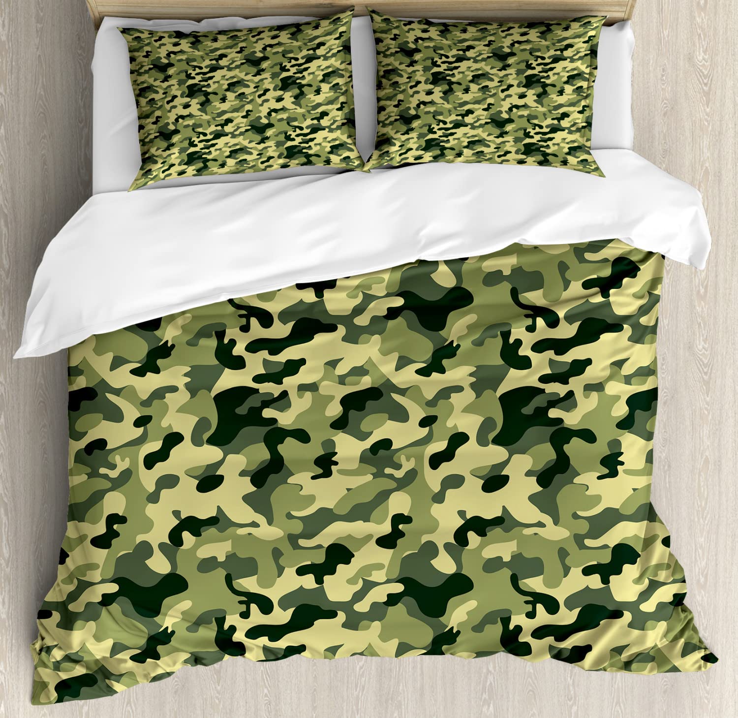 Ambesonne Camouflage Duvet Cover Set - 2 Pack Cal King Size, Abstract Camo Pattern with Pale Green & Yellow Splashes - Includes 2 Duvet Covers & 4 Pillowcases | Perfect for Hunting Lodge, Military Theme Bedroom or Outdoor Enthusiast Decor