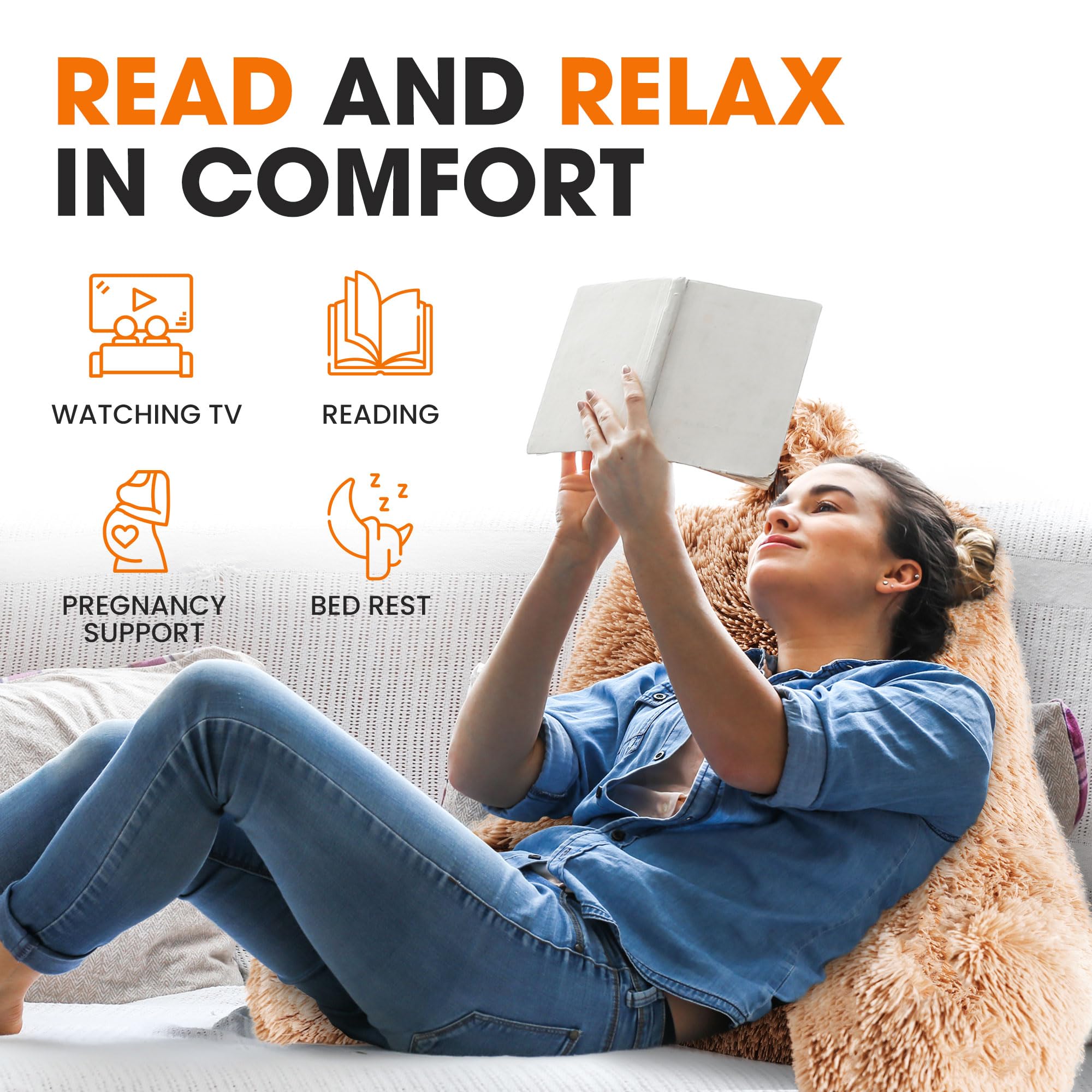 Fluffy Shaggy Hair Reading Pillow Chair with Arms - Soft Taupe Lounge Pillow for Bed, Couch & Floor Sitting - Perfect for Reading, Gaming, and Relaxing at Home