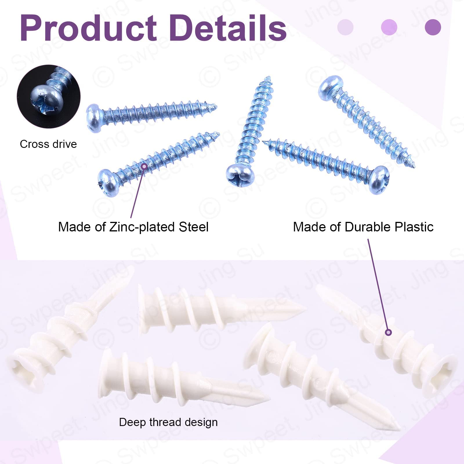 Swpeet 200Pcs Drywall Self-Drilling Anchors with Screws Kit + 120Pcs Plastic Self-Drilling Wall Anchors - Heavy Duty Hanging Solutions for Pictures, Shelves & Home Decor