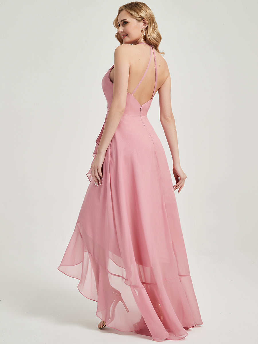 Elegant Candy Pink Halter V-Neck Backless High-Low Chiffon Bridesmaid Dress for Wedding Party & Formal Events