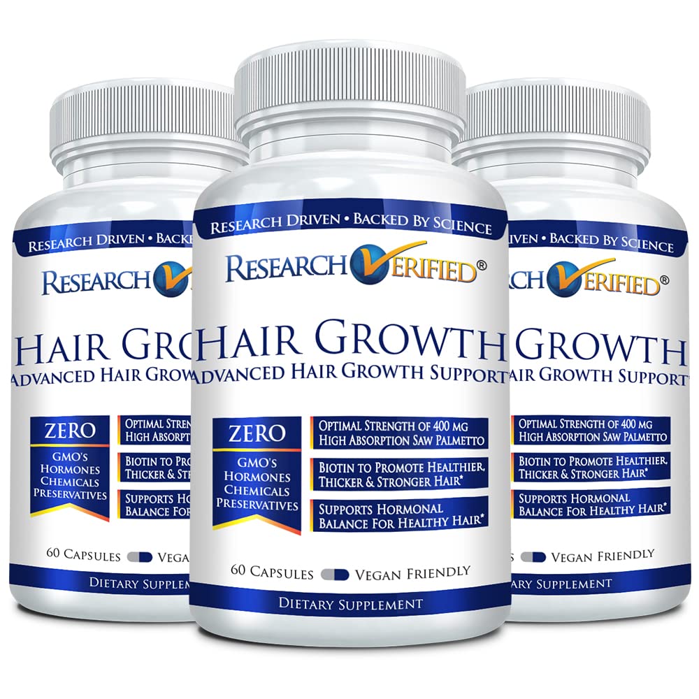 Research Verified Hair Growth Supplement with Biotin, DHT Blockers & Vitamins - Prevent Hair Loss & Promote Healthy Hair Growth - 3 Month Supply (3 Bottles) - Perfect for Thinning Hair, Receding Hairline & Daily Hair Care Routine