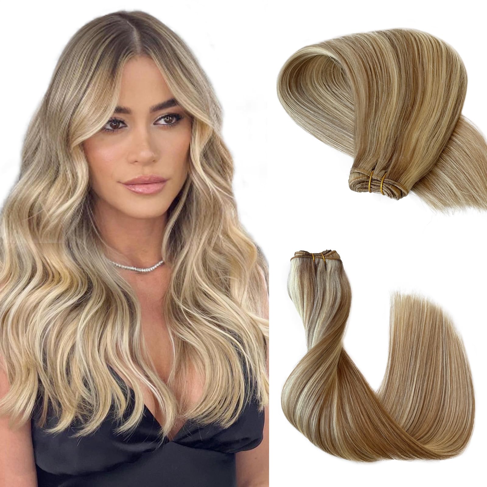 24 Inch Blonde Highlight Human Hair Weft Extensions - Ash Brown Mix with Platinum Highlights, 120g Straight Remy Hair Weave for Women | Sew-In Hand-Tied Bundles for Daily Styling & Special Occasions
