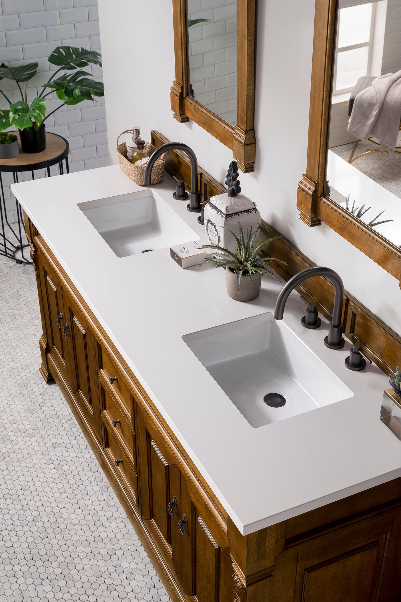 Brookfield 72 Inch Double Vanity with Country Oak Finish & 3CM Classic White Quartz Countertop - Perfect for Bathroom Remodeling and Modern Farmhouse Style Homes