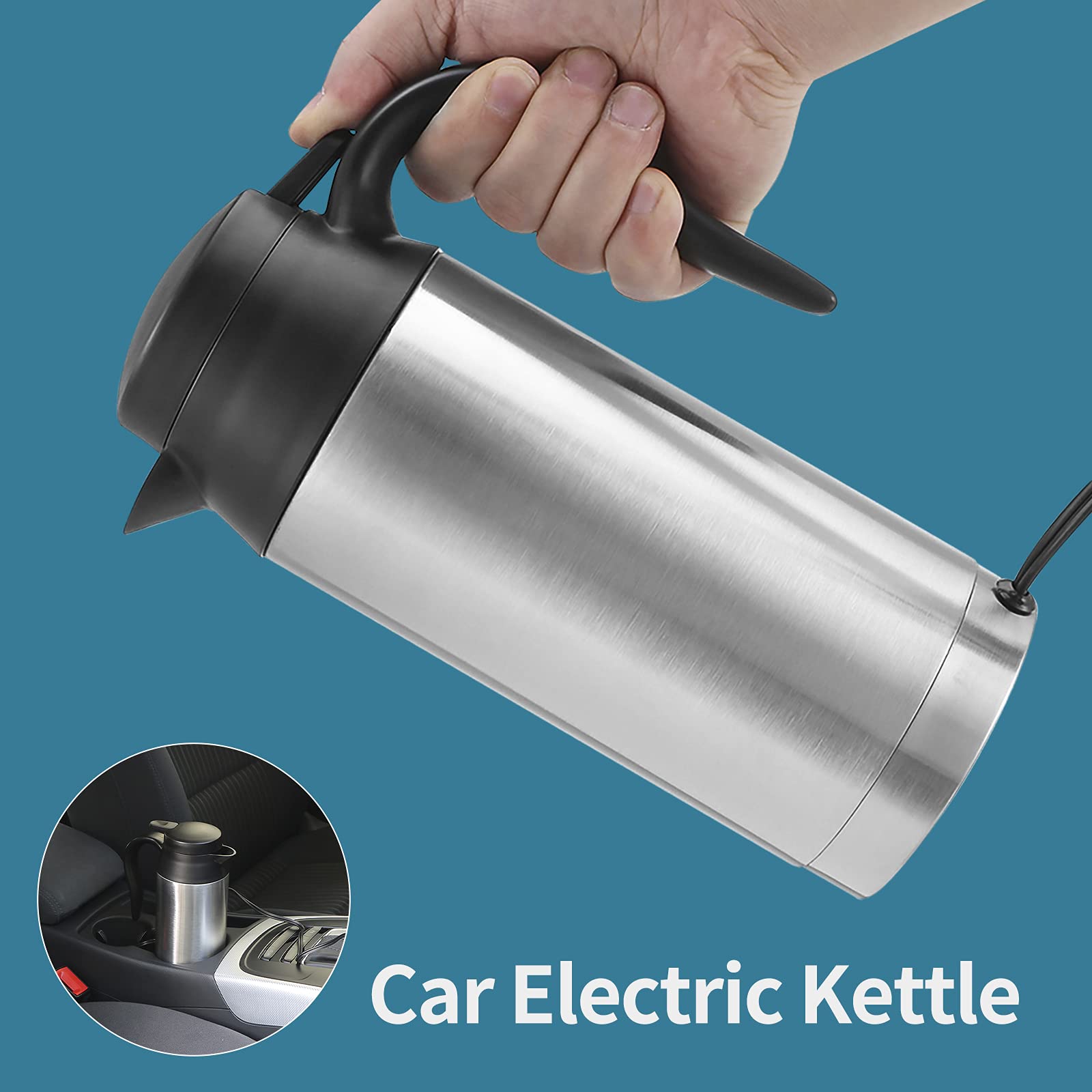 Sunsbell 650ml Portable Electric Car Kettle - 12V Stainless Steel Travel Mug with DC Charger | Fast Water Boiler & Coffee Warmer for Road Trips, Camping & Office Commute (Silver)