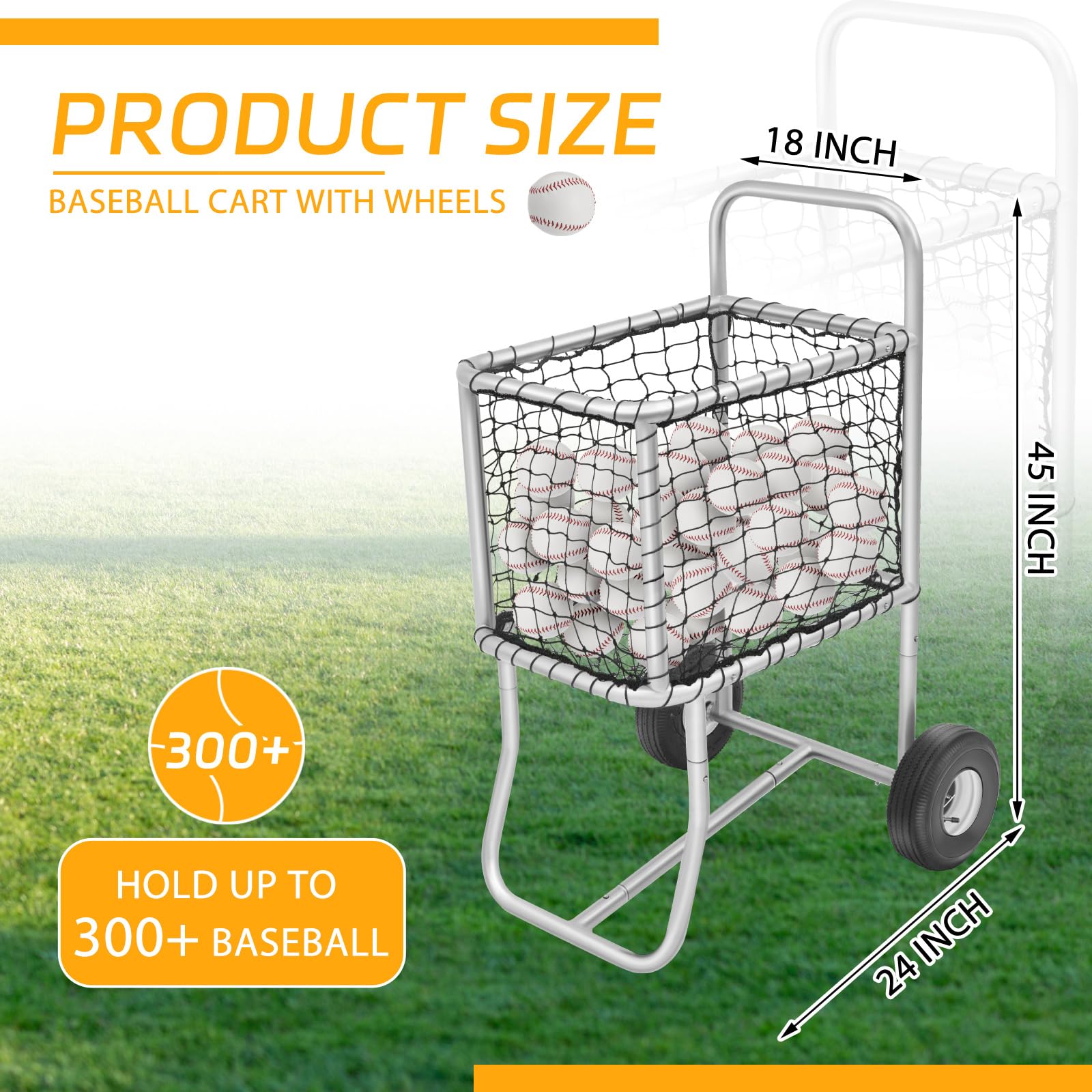 Heavy Duty Baseball Cart with Wheels - Large Rolling Softball Caddy & Ball Holder Organizer (300 Baseballs or 150 Softballs Capacity) 18