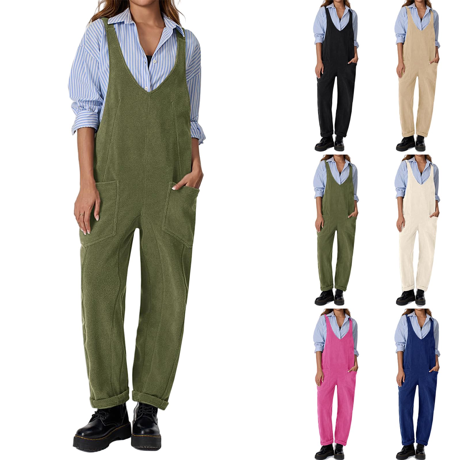 Women's Fleece Overalls - Winter Fuzzy Jumpsuit with Pockets, Loose Fit V-Neck Sleeveless Sherpa Overalls for Skiing, Snowboarding & Outdoor Activities | Warm Winter Bibs for Casual Wear & Cold Weather Adventures
