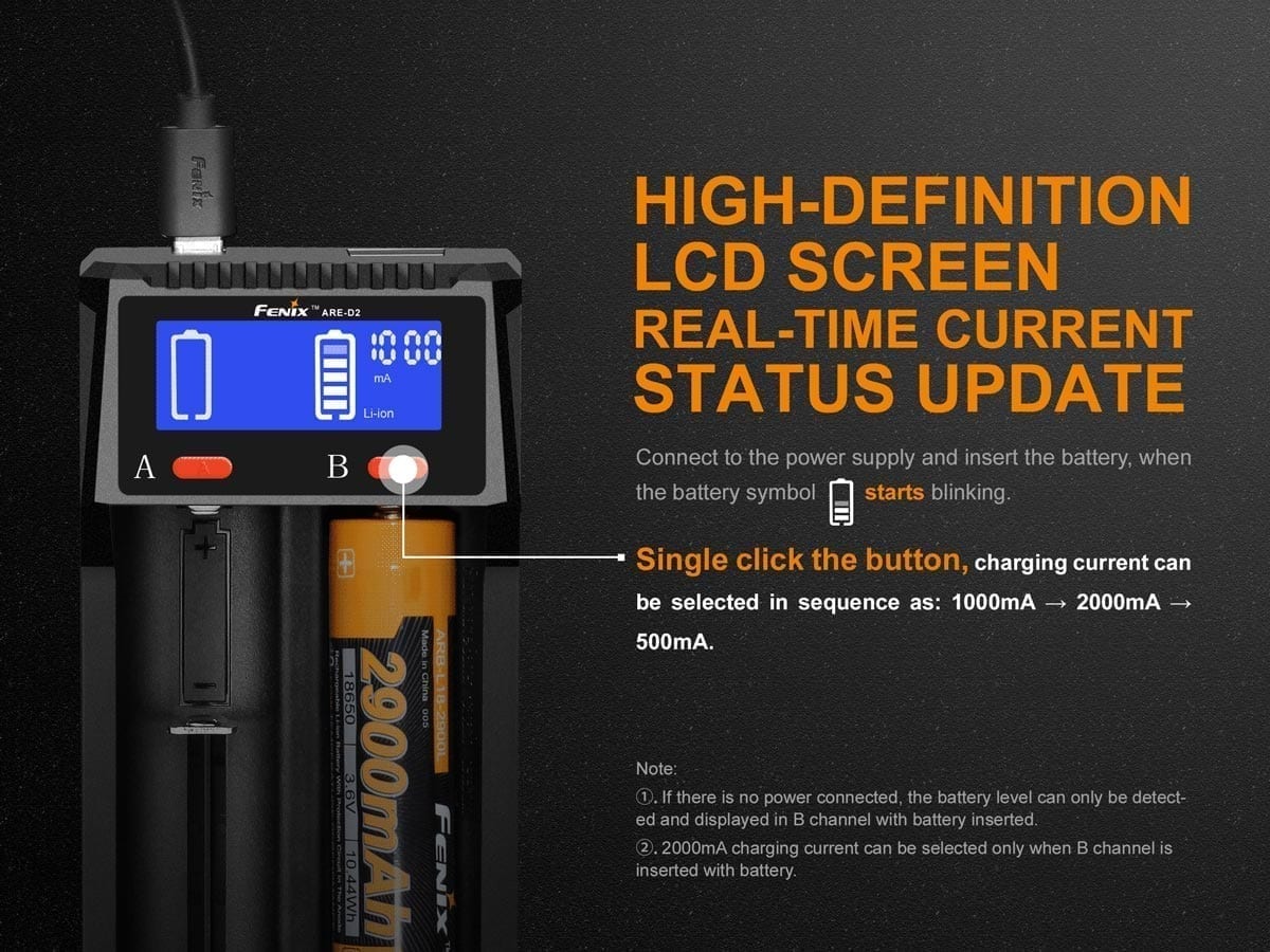 Fenix ARE-D2 Smart Battery Charger for AA AAA NiMH Li-ion - Fast Charging with LCD Display | Perfect for Home, Travel, and Emergency Kits