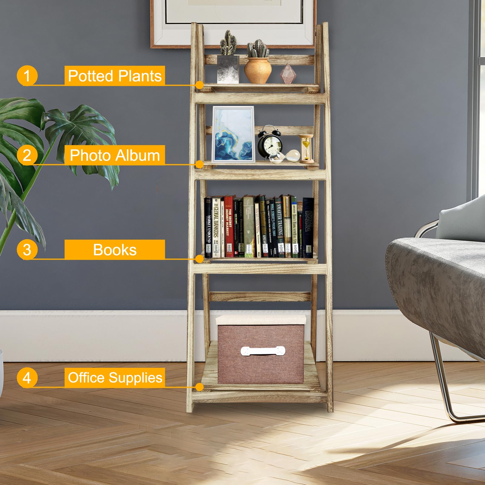 4-Tier Folding Ladder Shelf - Wood Plant Display Rack for Home & Office Decor