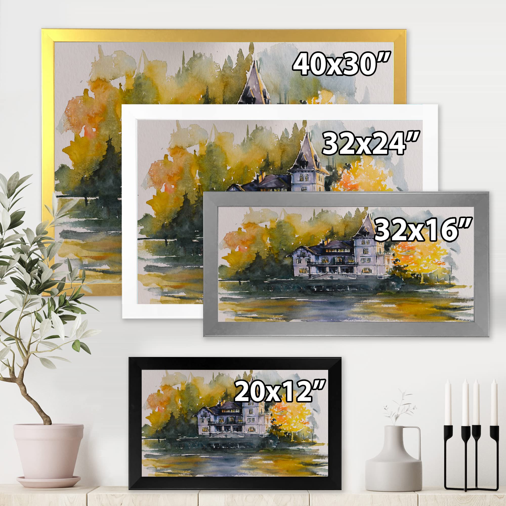 Castle by the Lake with Autumn Trees - Lake House Framed Wall Art Painting for Living Room, Bedroom & Office Decor | Scenic Landscape Home Decoration