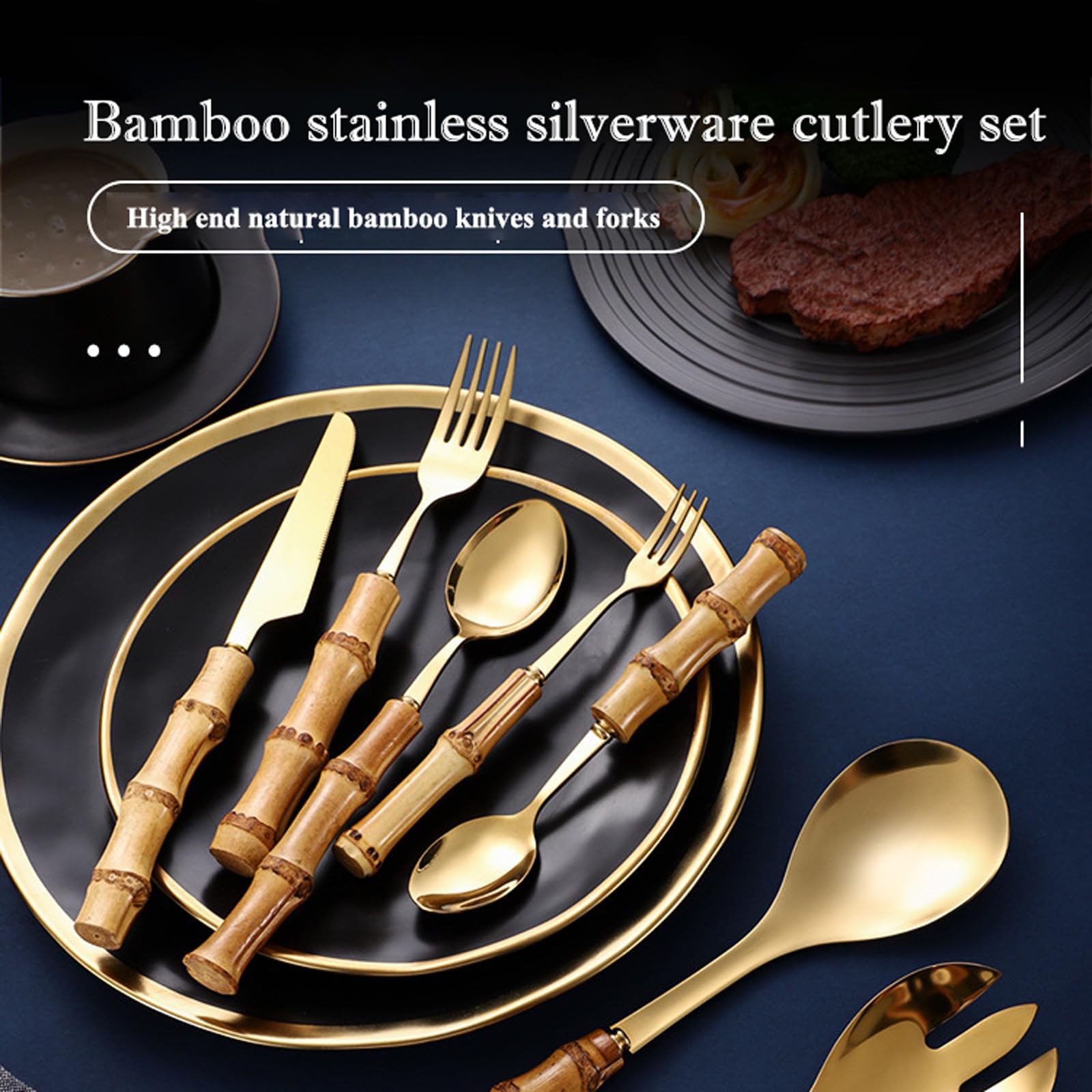 Eco-Friendly Bamboo Cutlery Set for 6 - Reusable Bamboo Forks & Spoons with Stainless Gold Tips, Sustainable Flatware Utensils for Adults | Perfect for Camping, Picnics & Zero-Waste Living (Yellow)