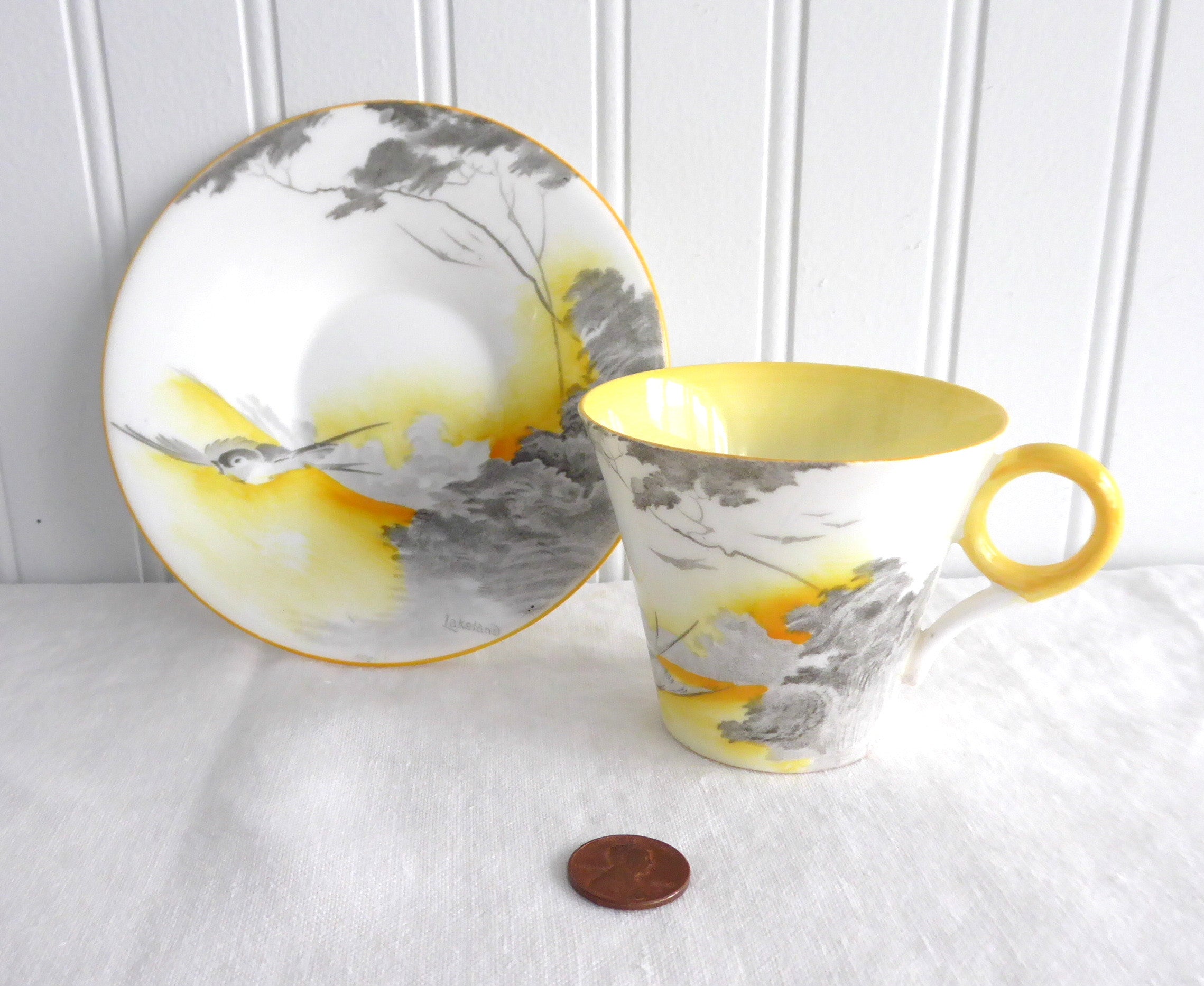 Vintage Shelley Art Deco Lakeland Cup and Saucer Set - 1930s Landscape Bird Design, Regent Shape Demi - Perfect for Tea Collectors & English Afternoon Tea Parties