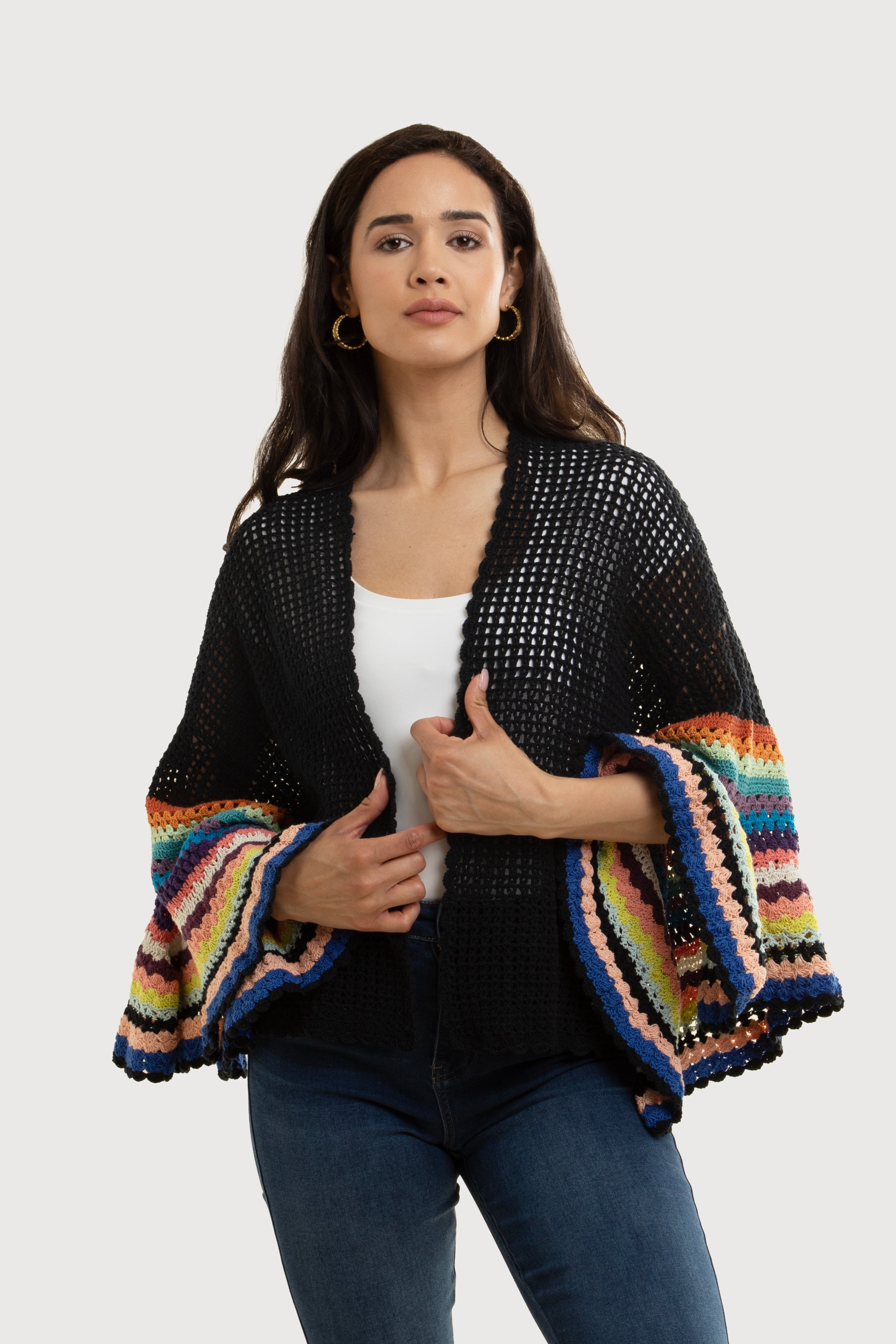 Colorful Crochet Bell Sleeve Short Jacket for Women - Boho Chic Summer Cover Up, Beach Wedding Outfit, Music Festival Fashion