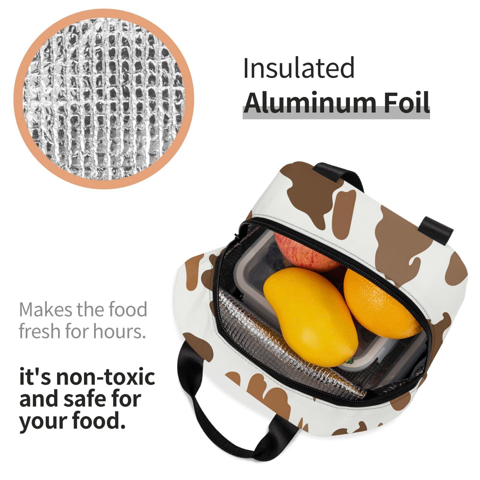Insulated Lunch Box with Brown Cow Pattern - Reusable & Portable Meal Container for Men & Women - Perfect for Work, Travel, Picnic & Outdoor Activities