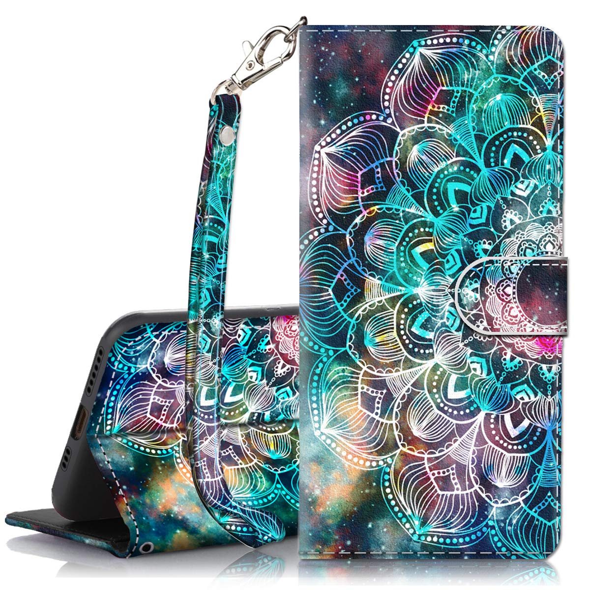 Premium PU Leather iPhone 11 Pro Max Case with Card Slots & Wrist Strap - Magnetic Flip Wallet Cover for iPhone 11 Pro Max (6.5-inch, 2019) | Mandala Galaxy Design | Perfect for Business, Travel & Daily Protection