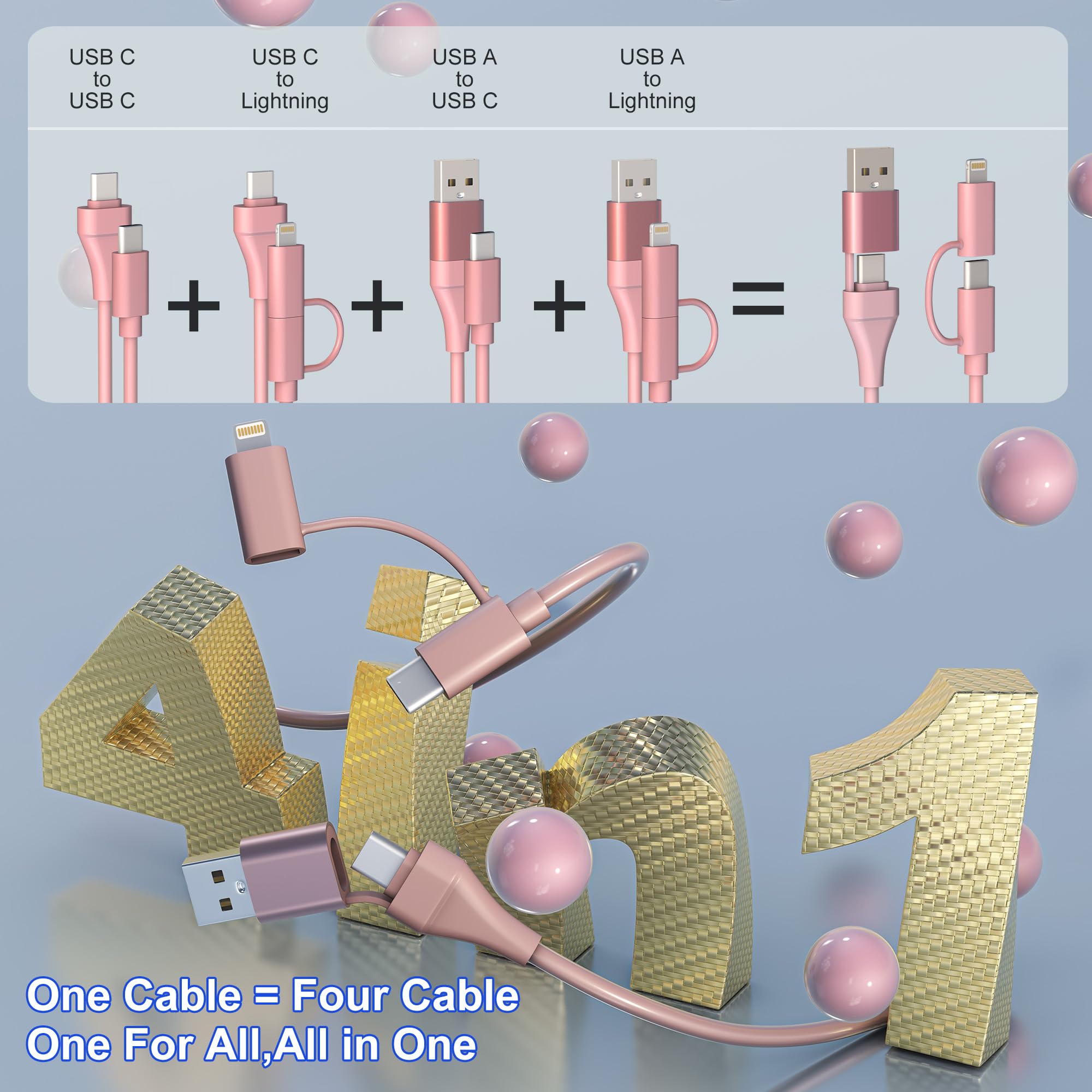 4-in-1 Coiled USB C to Lightning Cable - 60W PD Fast Charging & Data Sync - 6FT Multi Charging Cable for iPhone, iPad, Android - Compatible with Apple CarPlay & Android Auto - Includes USB/USB-C to USB-C/Lightning Connectors - Pink (Perfect for Car, Home & Office Charging)