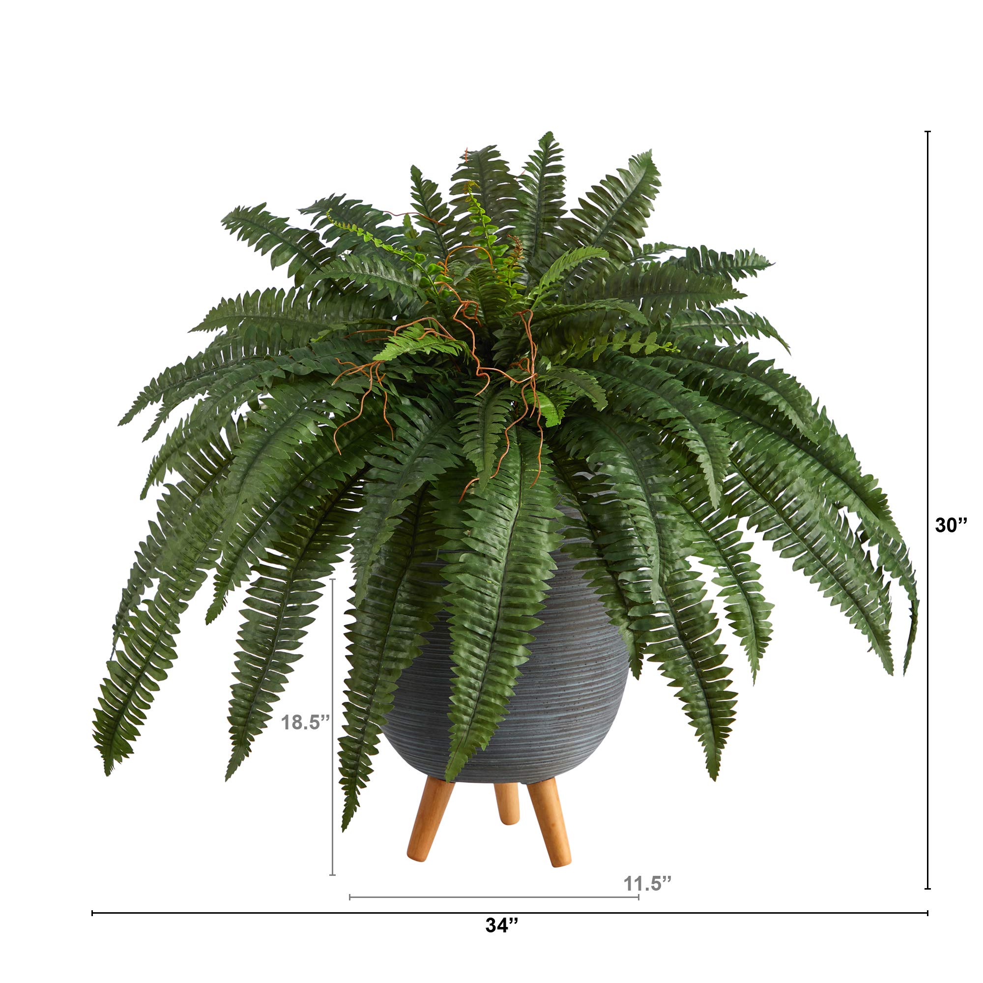 Nearly Natural 2.5ft Boston Fern Artificial Plant - Realistic Fake Hanging Plant in Gray Planter with Stand for Home Office Decor, Indoor Greenery, and Porch Display