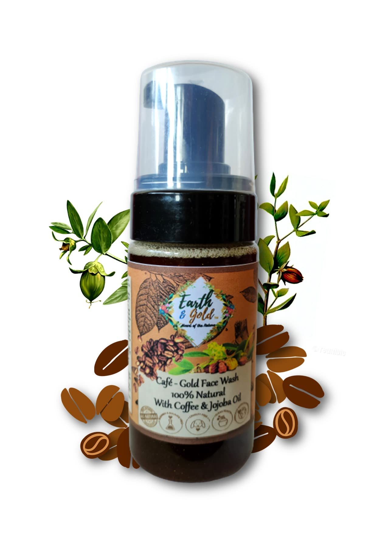 Earth & Gold Coffee Café Gold 100% Natural Vitamin-E & Jojoba Oil Enriched Foaming Face Wash with Coffee & Gold Dust - 120ml | Skin Energizing Cleanser for Morning & Night Routine | Visible True Clean Ingredients for Glowing Skin