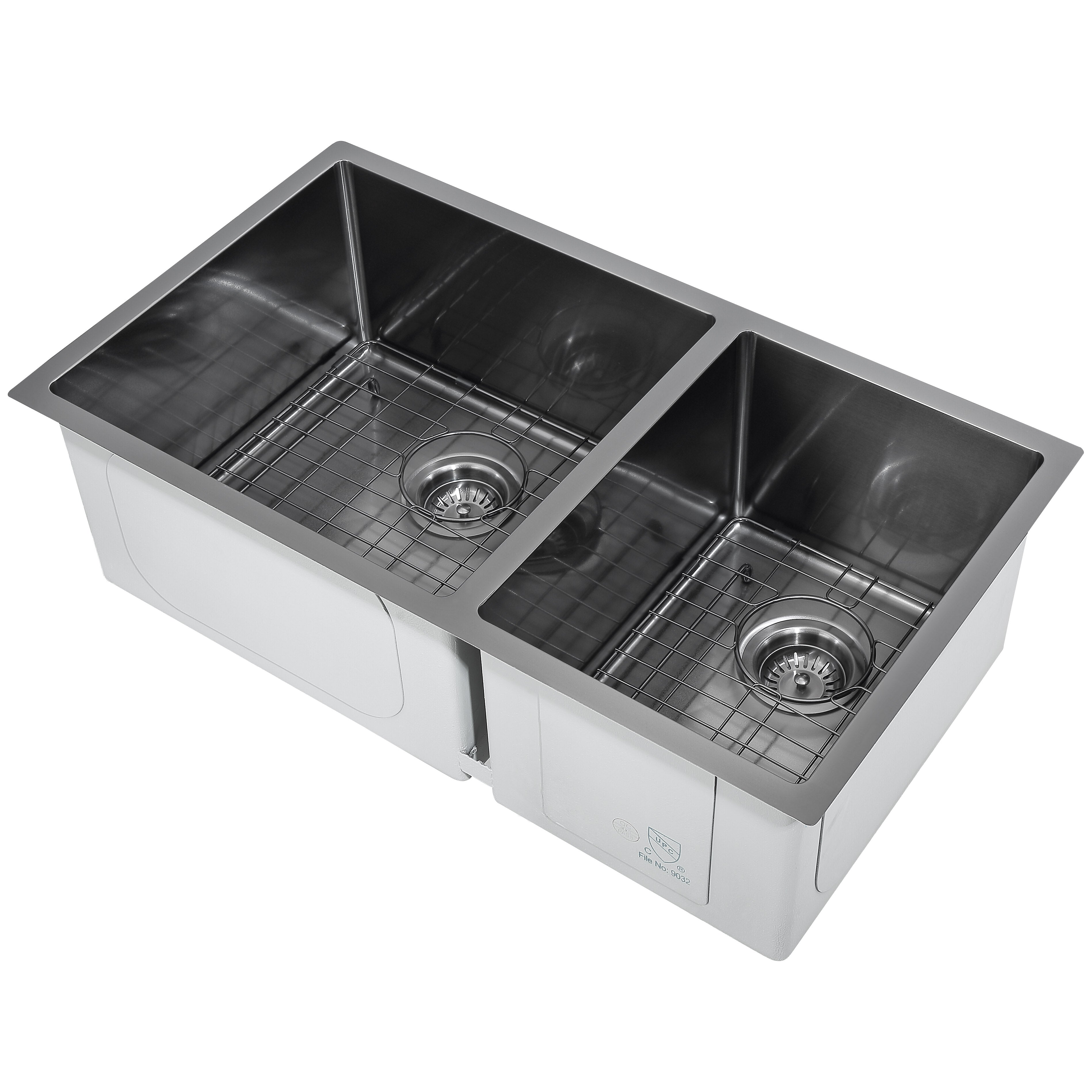 Prestige Series 32-Inch Undermount Stainless Steel 60/40 Double Bowl Kitchen Sink with Grid & Strainer - Black PVD Nano Coating for Modern Kitchens & Restaurant Use