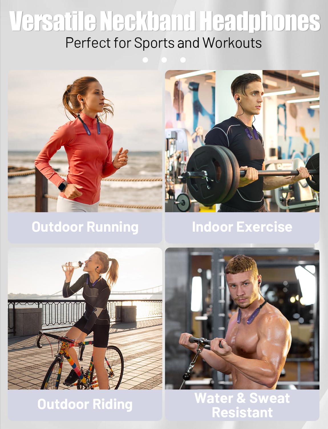 Wireless Bluetooth Neckband Headphones - 120H Playtime, Stereo Sound, Built-in Mic, IPX5 Waterproof, Comfortable In-Ear Design for Running, Gym, Workout, Office & Travel (Purple) - Perfect for Sports Enthusiasts & Busy Professionals