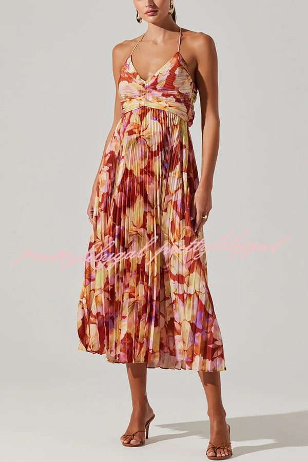 Floral Print Pleated Midi Dress with Back Tie Detail - Perfect for Wedding Parties, Bridal Showers & Summer Events