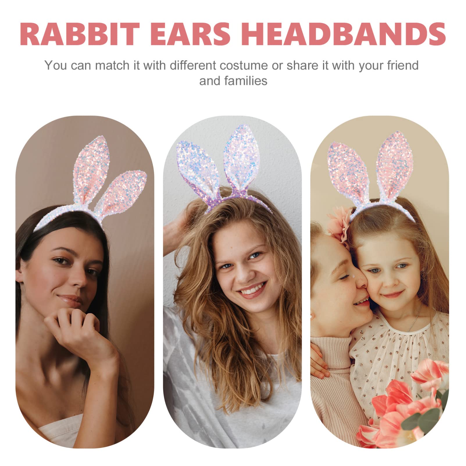 2pcs Sequined Rabbit Ear Headbands for Kids & Women - Plush Bunny Ears Headwear for Halloween, Cosplay, Birthday Parties & Costume Events - Soft Fabric Animal Headbands for Dress Up & Makeup Accessories