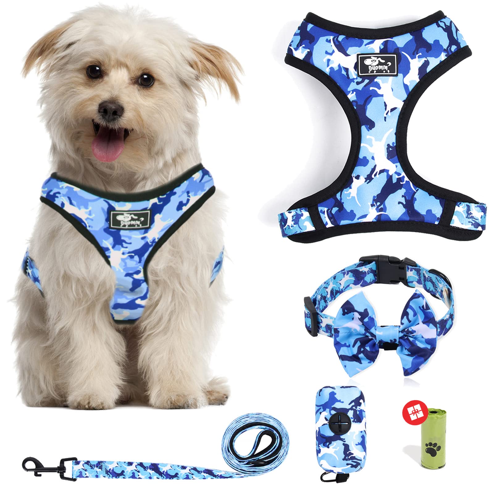 **Adjustable Reflective No-Pull Dog Harness & Leash Set with Bow Collar & Poop Bag - Medium Blue Camouflage - Perfect for Puppies & Medium Dogs - Ideal for Walking, Training & Outdoor Adventures**