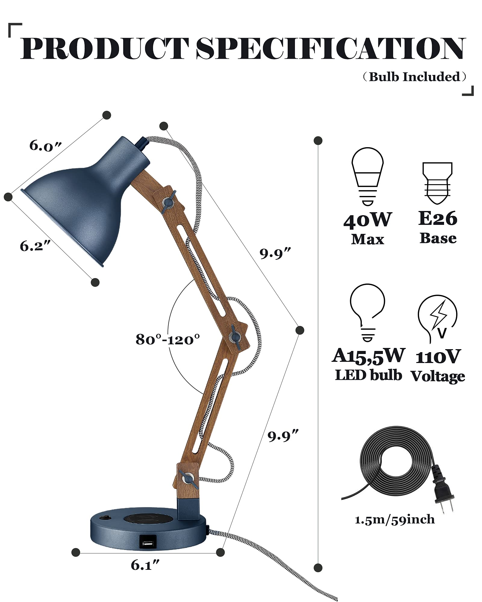ELYONA Sapele Wood Swing Arm Desk Lamp with Wireless Charger & USB-C Port - Modern LED Task Light for Reading, Office, Bedroom, Dorm, Living Room | Includes Bulb & Fast Charging for Phones, Tablets | Perfect for Home Office, Study & Nightstand Use