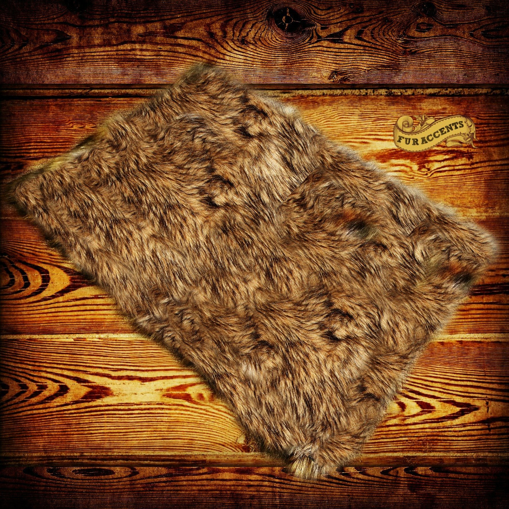 Premium Faux Fur Wolf Skin Rug - Soft Shaggy Bear Pelt Carpet in Natural Golden Brown with Black Tips - Thick Plush Accent Rug (4'x5') - Perfect for Living Room, Bedroom, or Cozy Home Decor