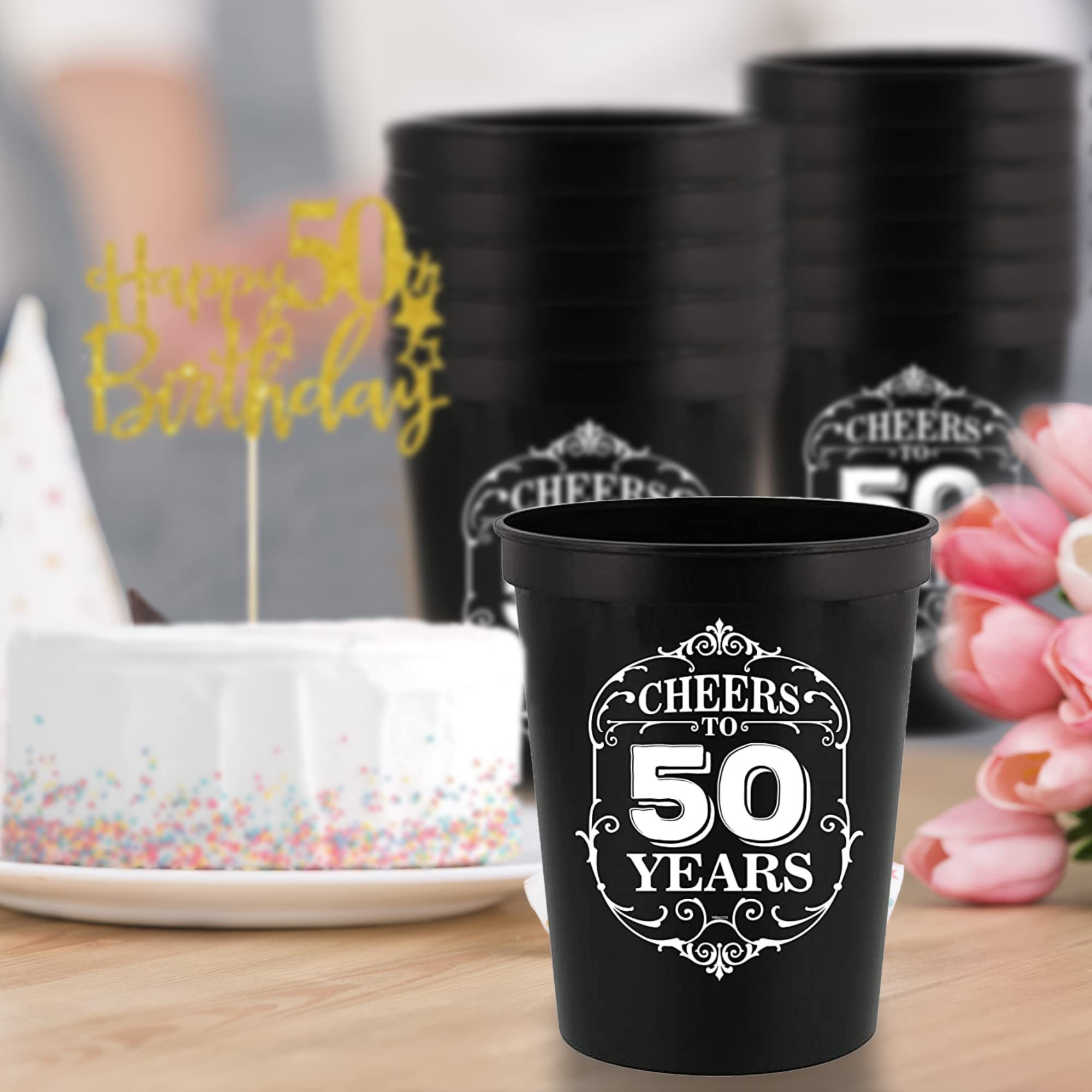 Cheers To 50 Years Stadium Party Cup - 50th Birthday Gift, Fifty And Fabulous Party Favors & Decorations - Happy Birthday Plastic Drinking Cups for Best Friends - Perfect for Birthday Celebrations, Anniversaries, and Special Events